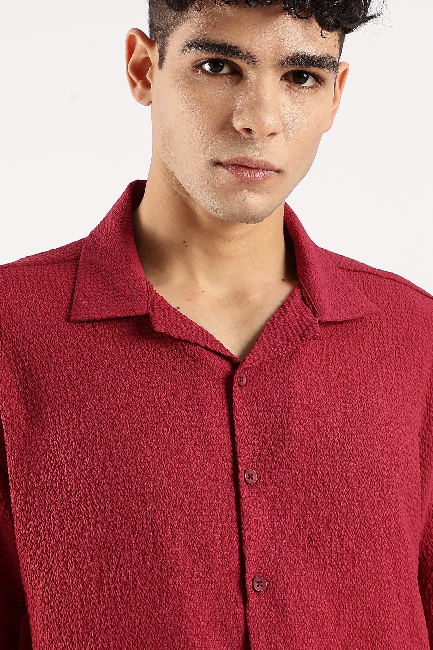 Poly Textured Oversized Shirt Red