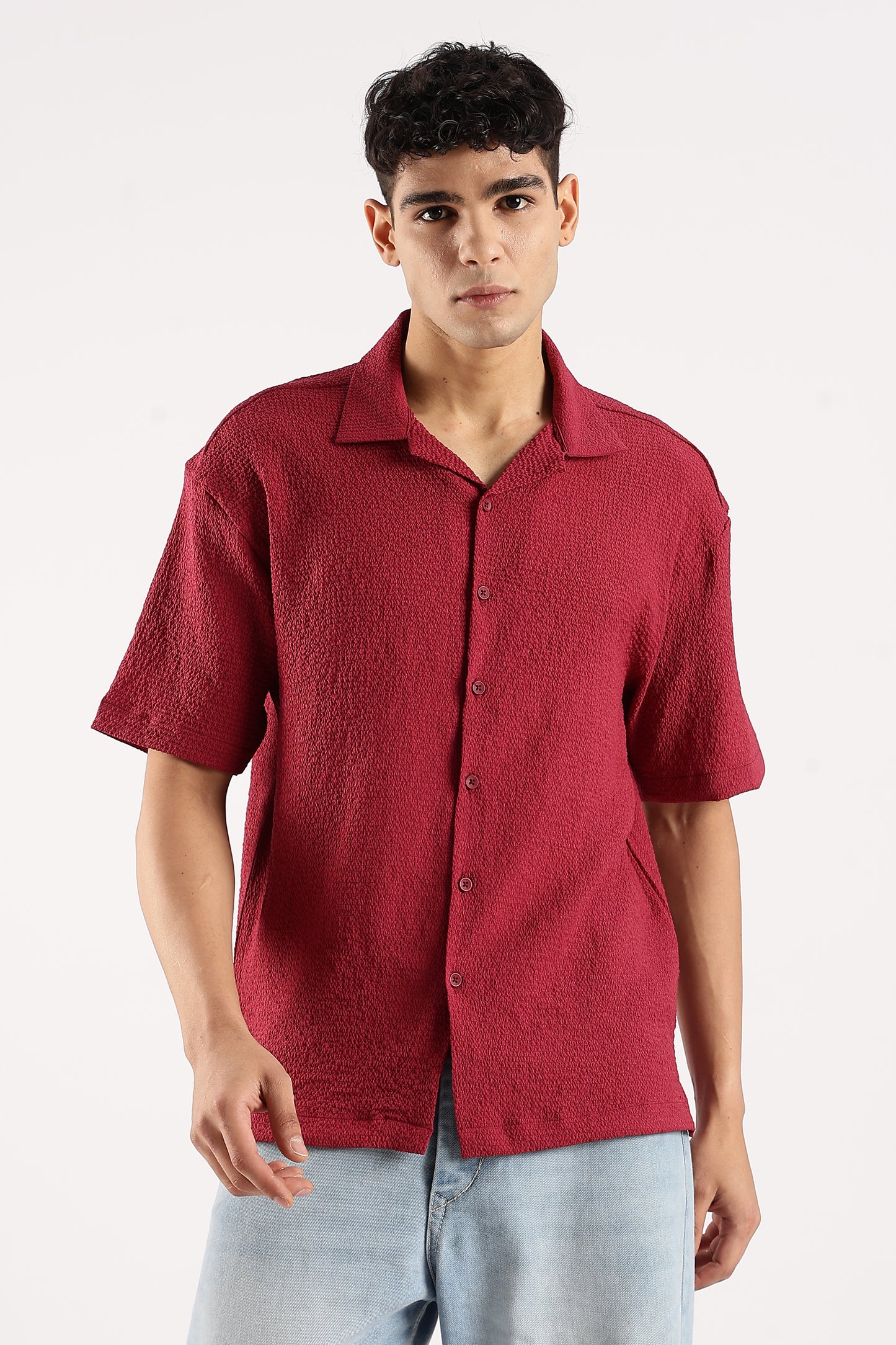 Poly Textured Oversized Shirt Red