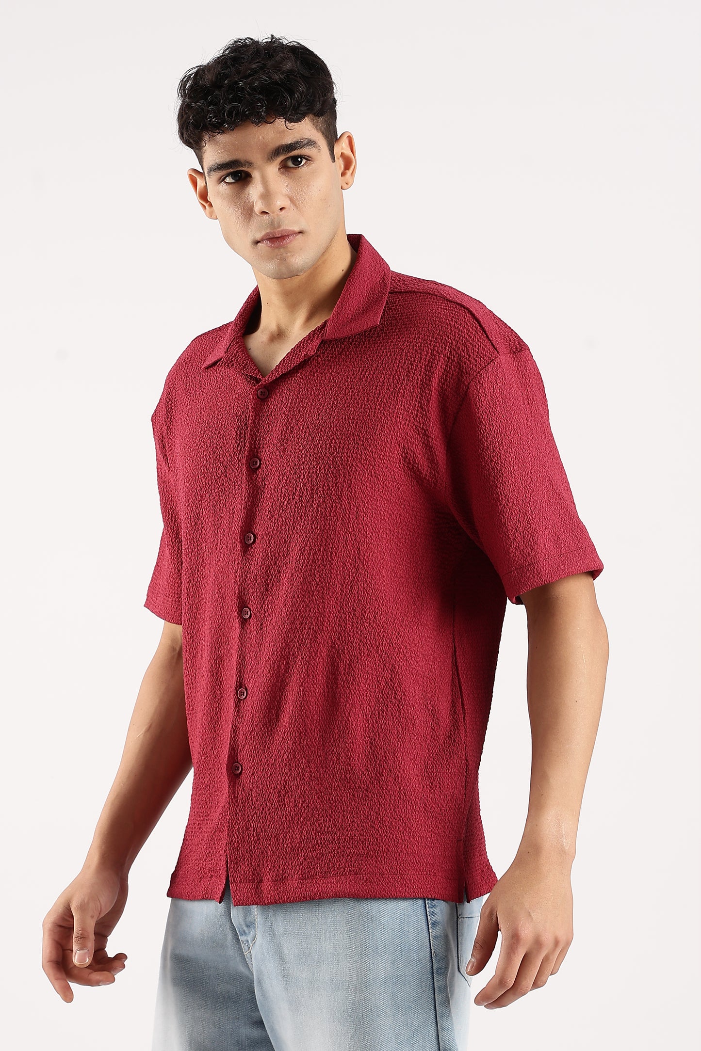Poly Textured Oversized Shirt Red