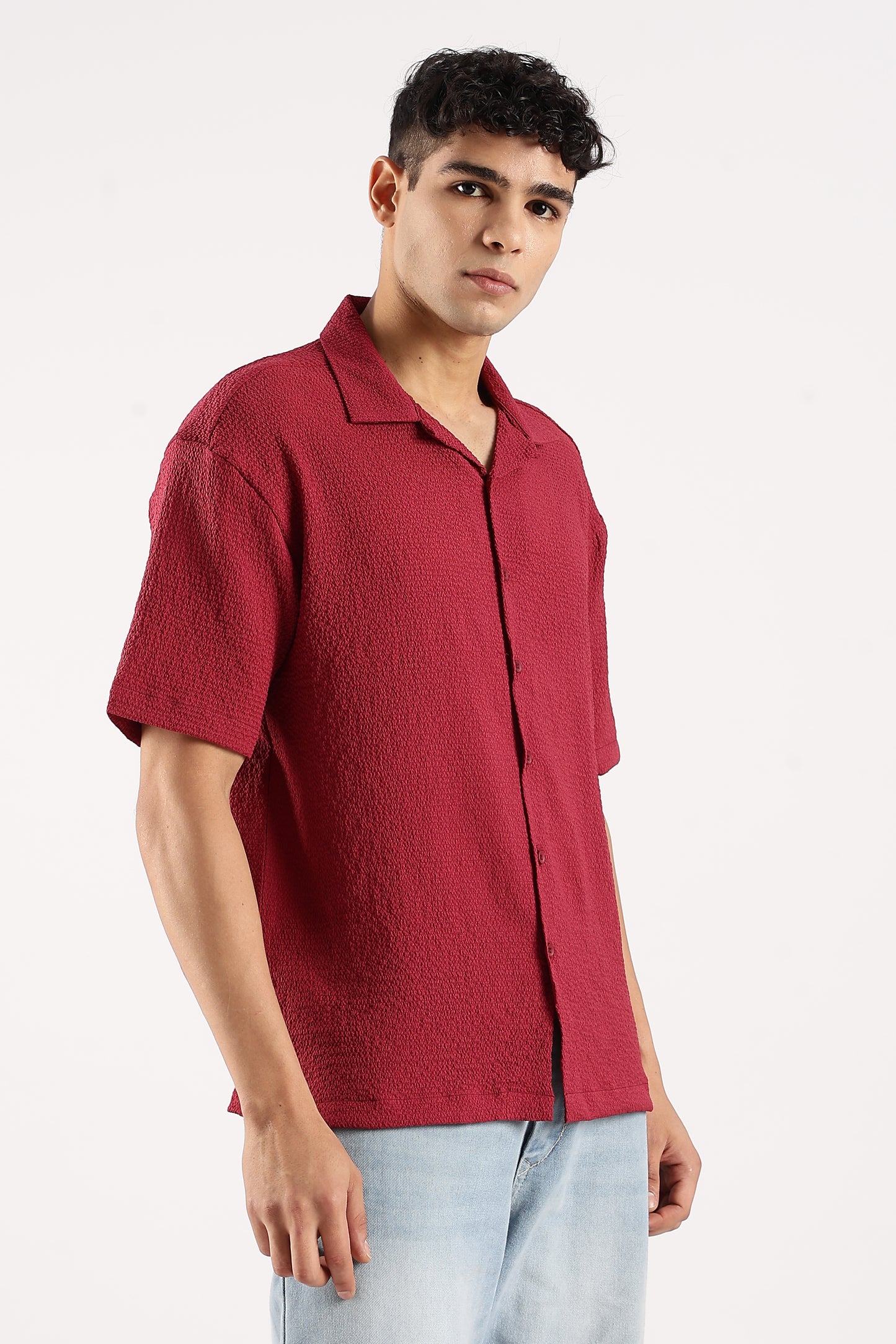 Poly Textured Oversized Shirt Red