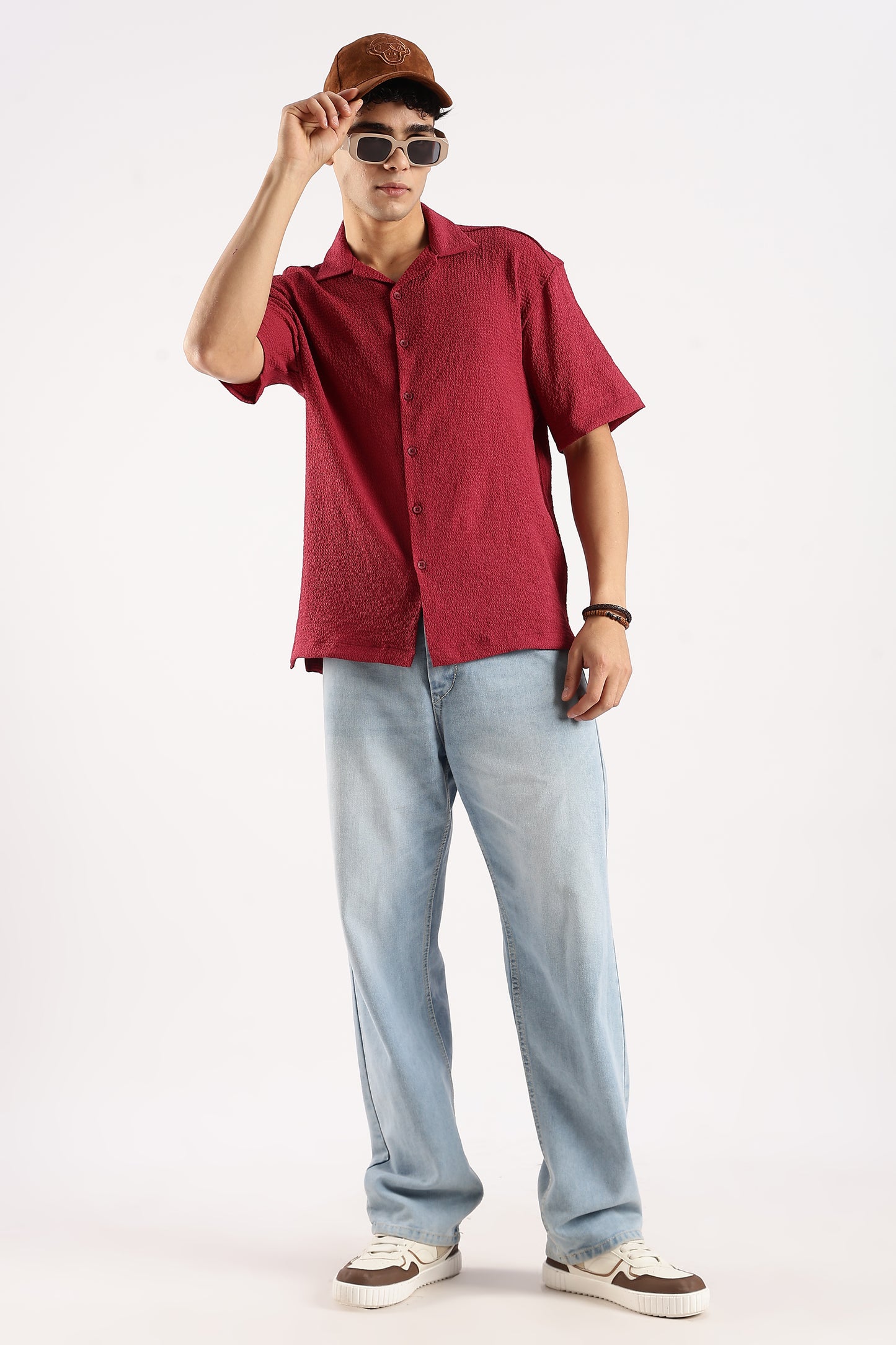 Poly Textured Oversized Shirt Red