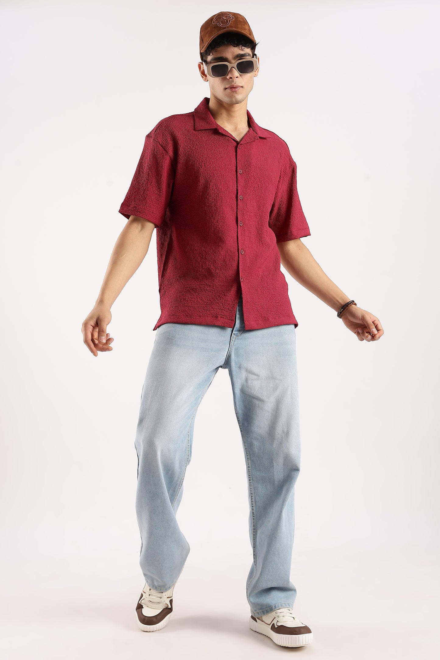 Poly Textured Oversized Shirt Red