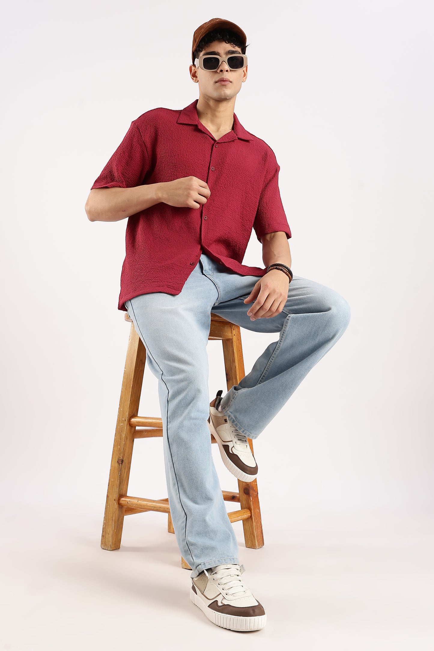 Poly Textured Oversized Shirt Red
