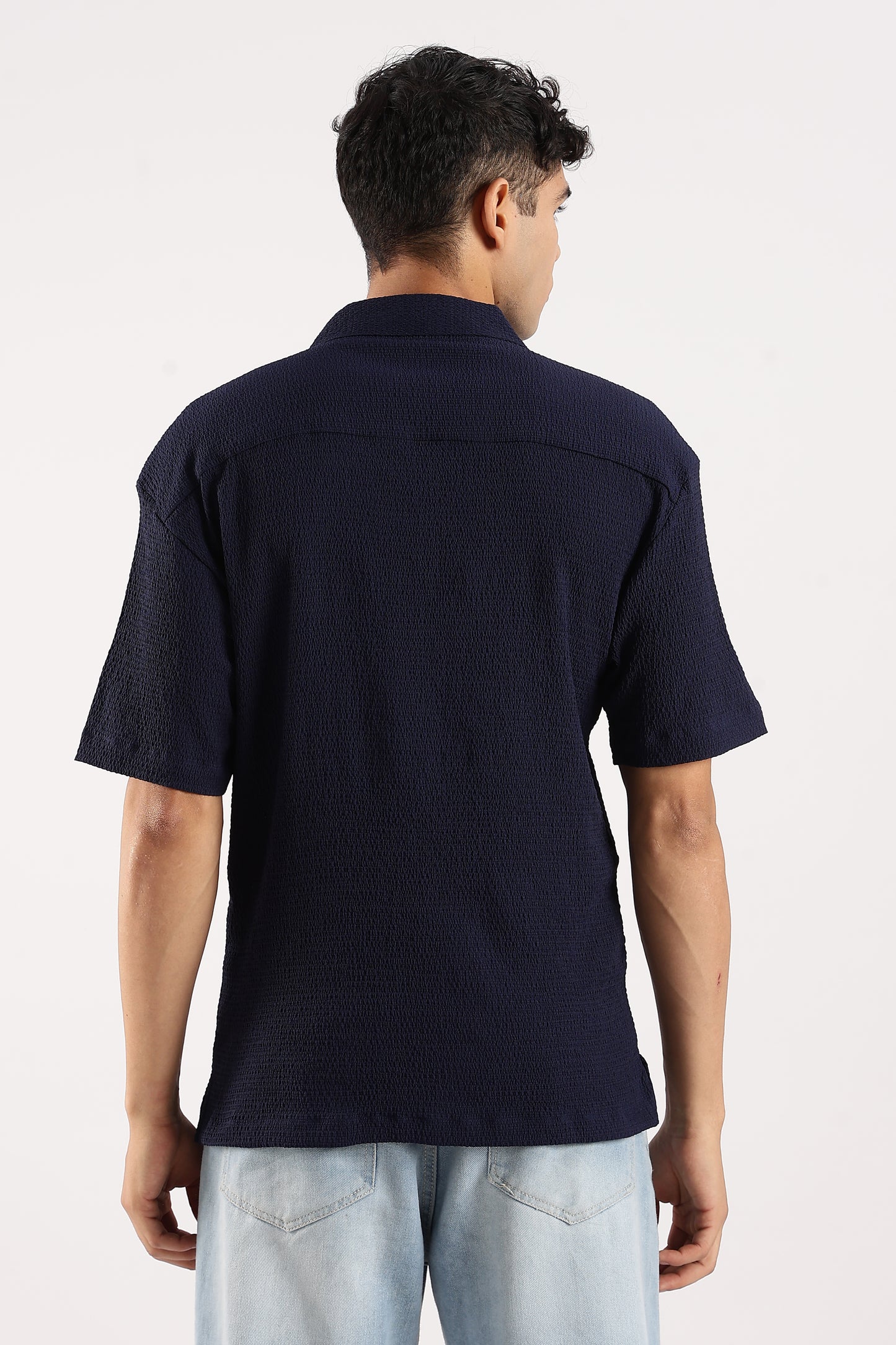 Poly Textured Oversized Shirt Navy