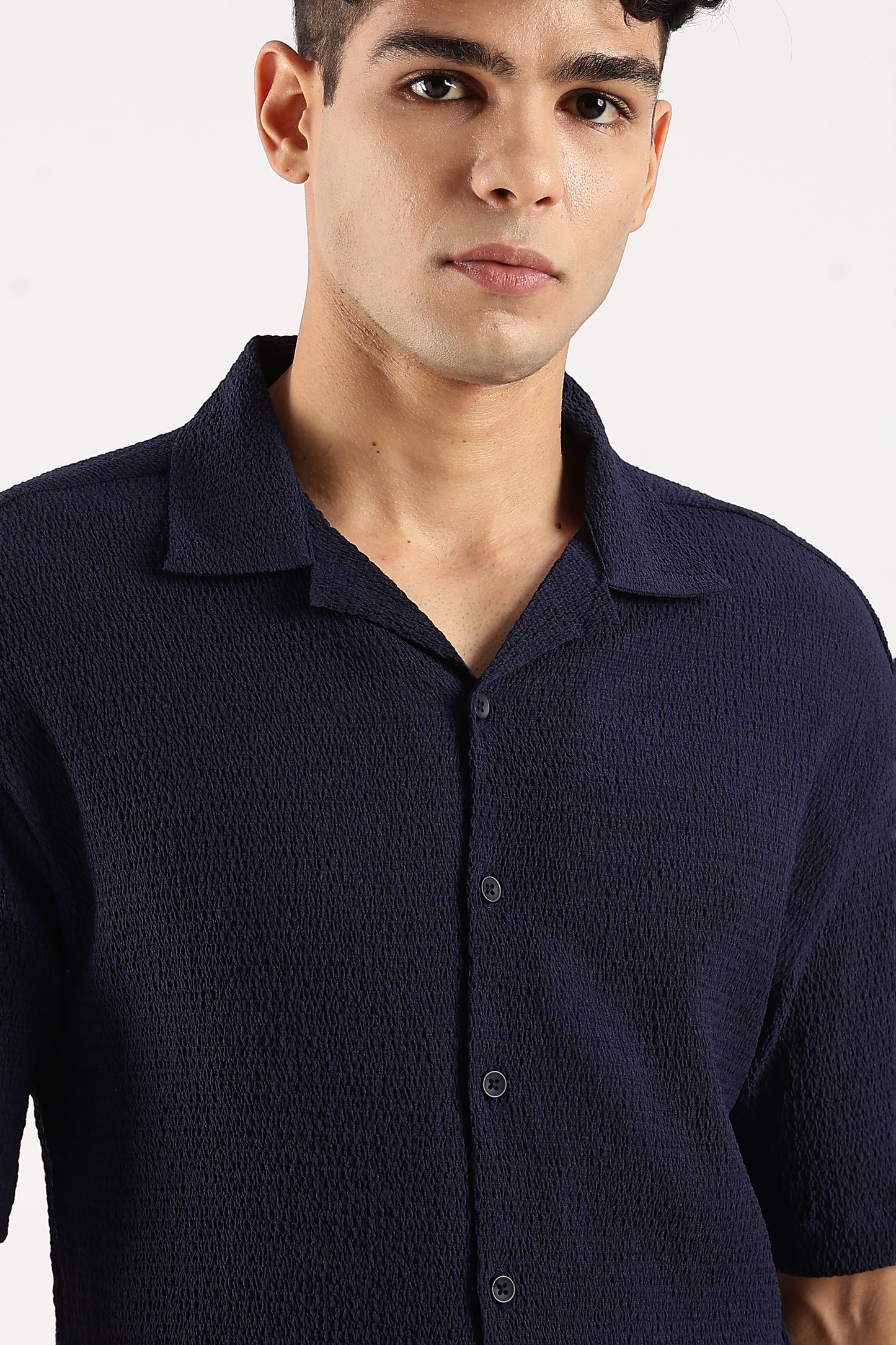 Poly Textured Oversized Shirt Navy
