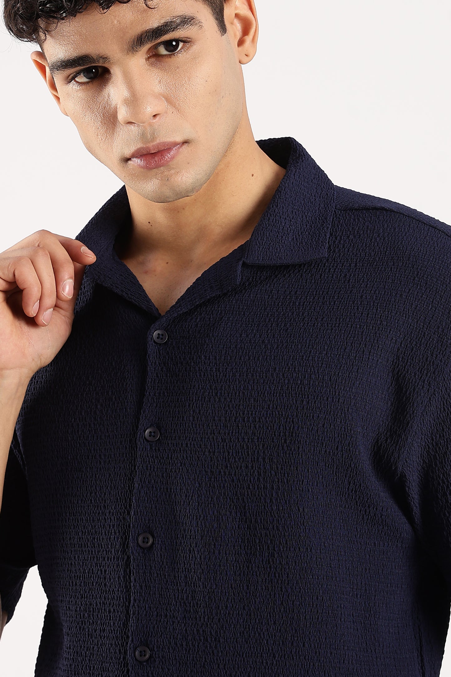 Poly Textured Oversized Shirt Navy