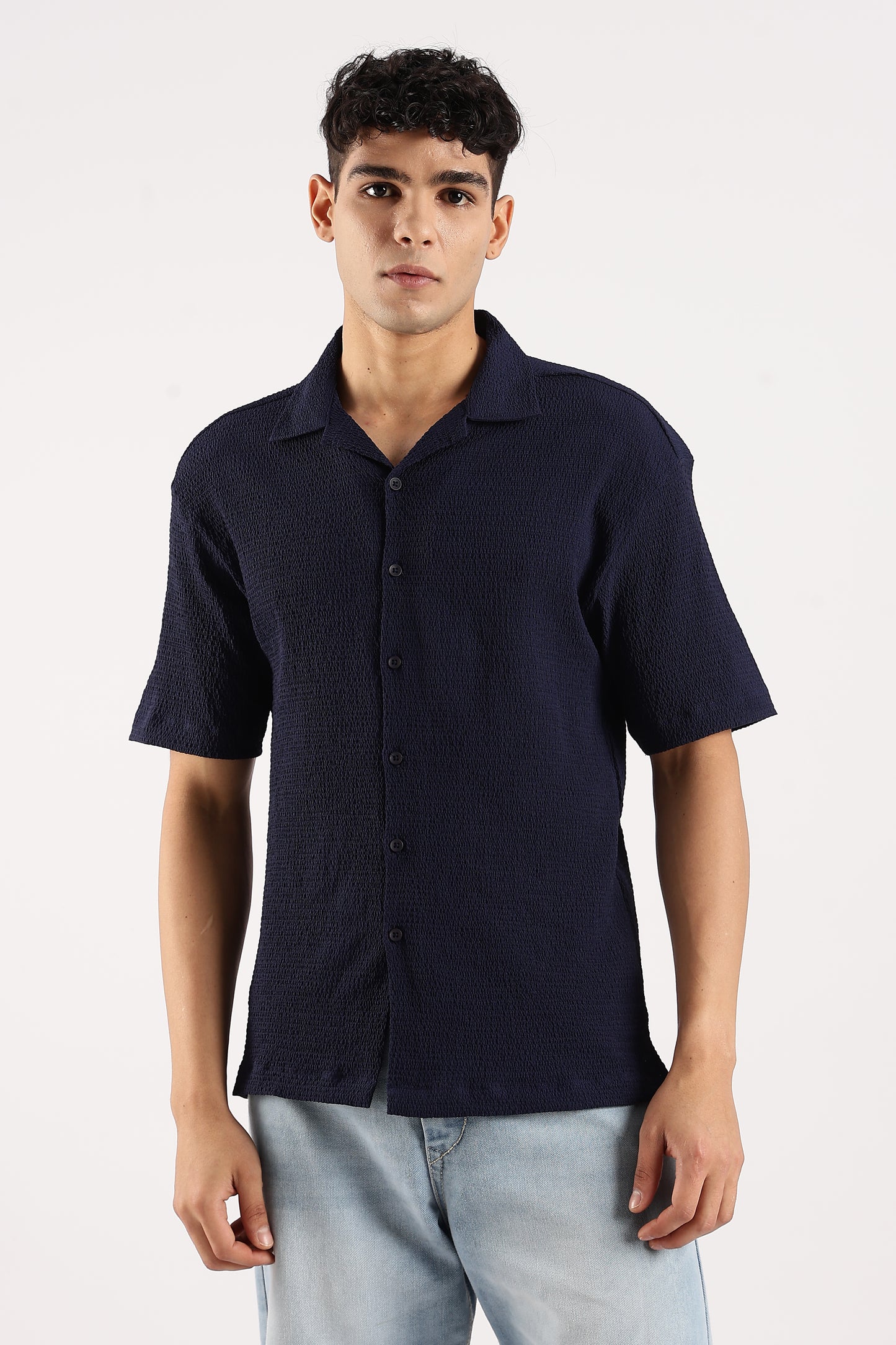 Poly Textured Oversized Shirt Navy