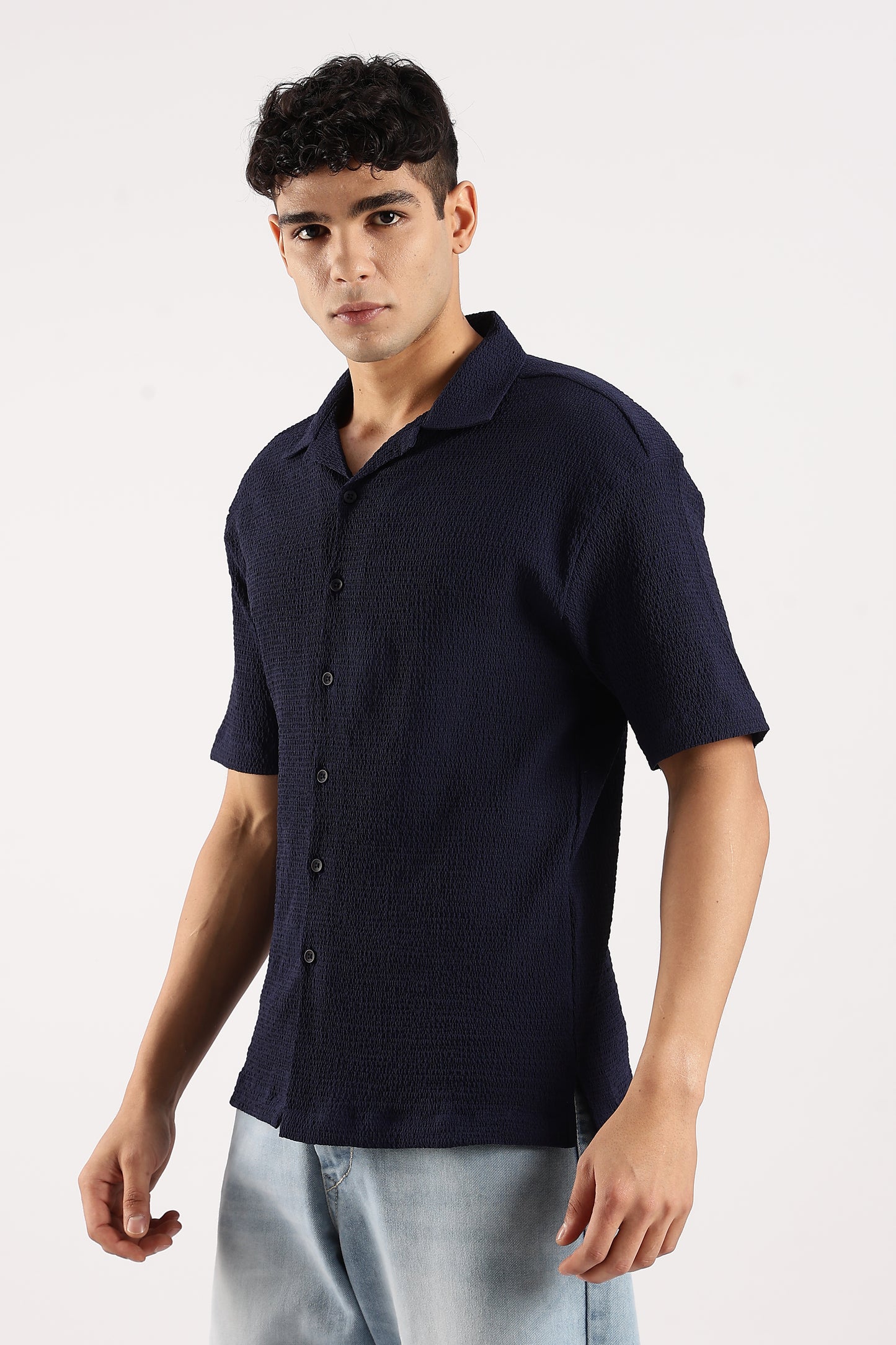 Poly Textured Oversized Shirt Navy