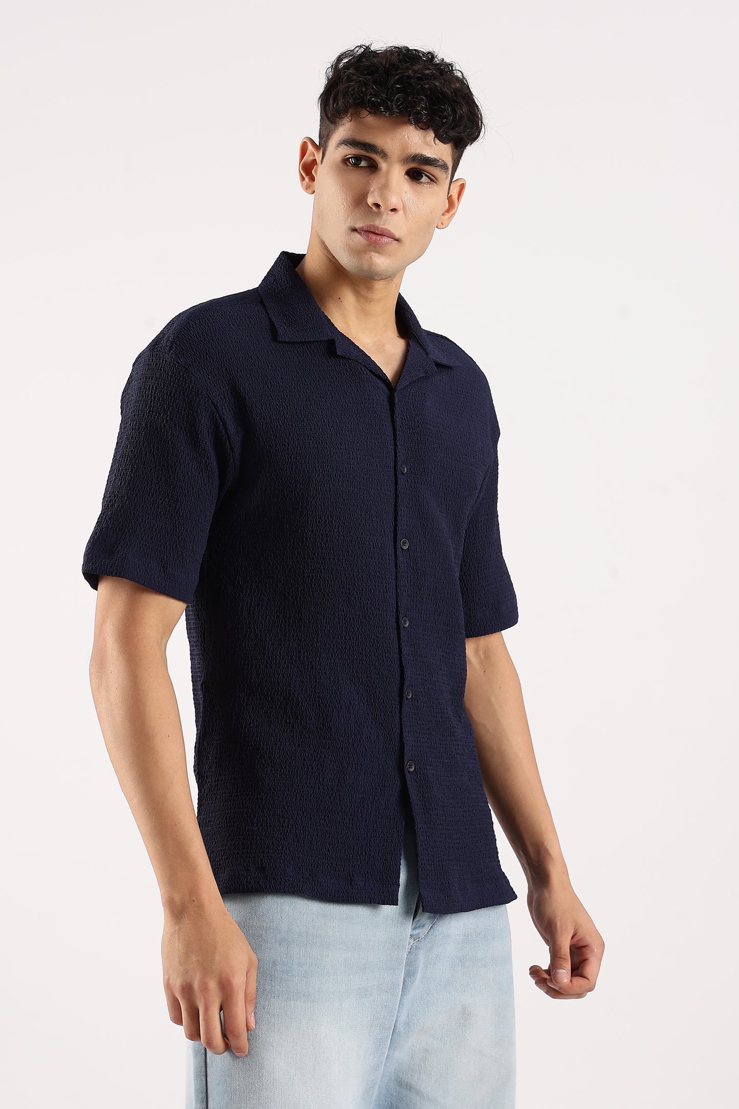 Poly Textured Oversized Shirt Navy