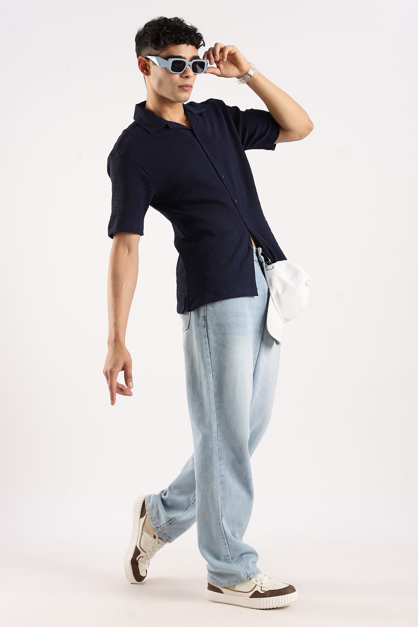 Poly Textured Oversized Shirt Navy