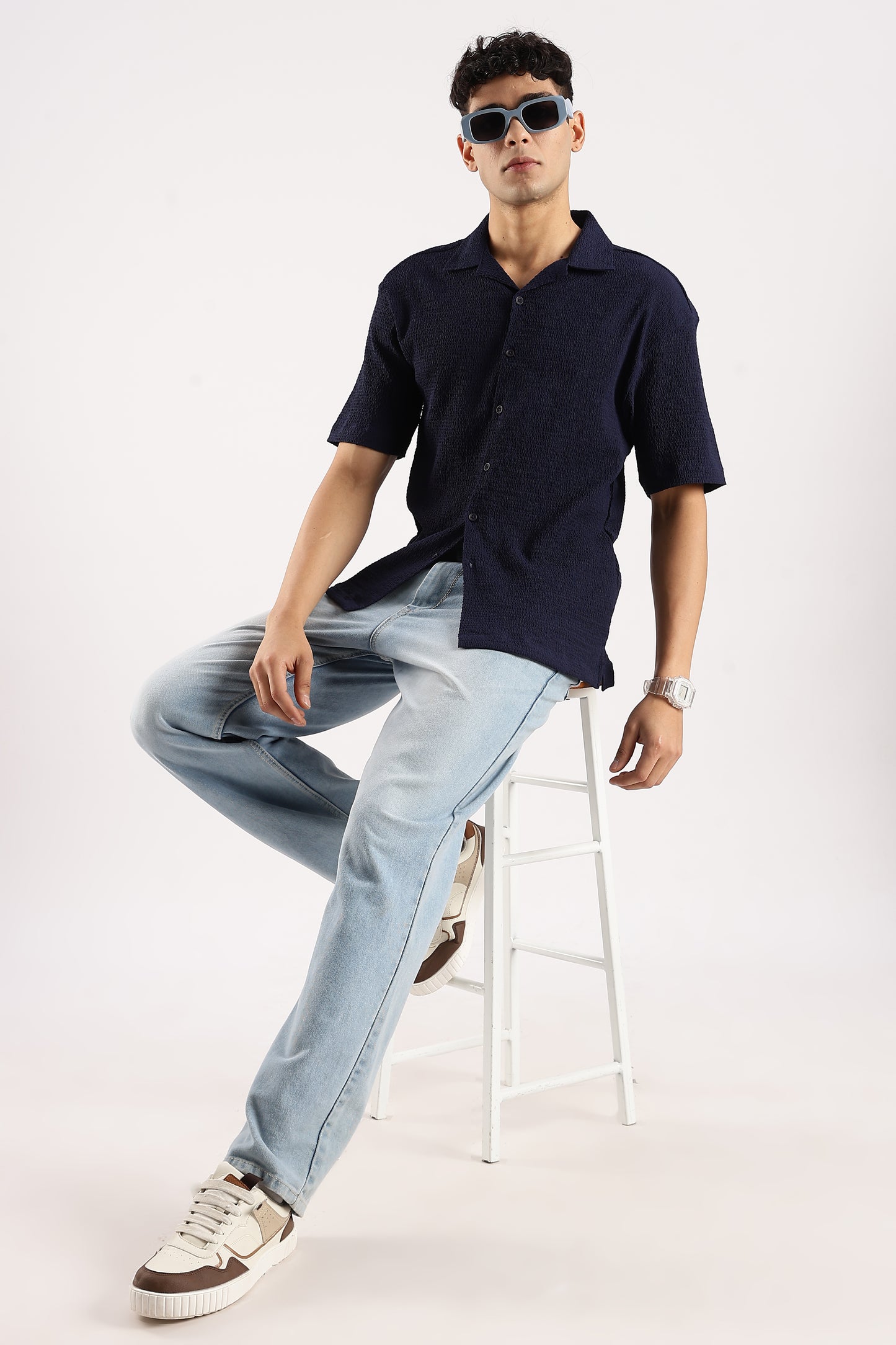 Poly Textured Oversized Shirt Navy