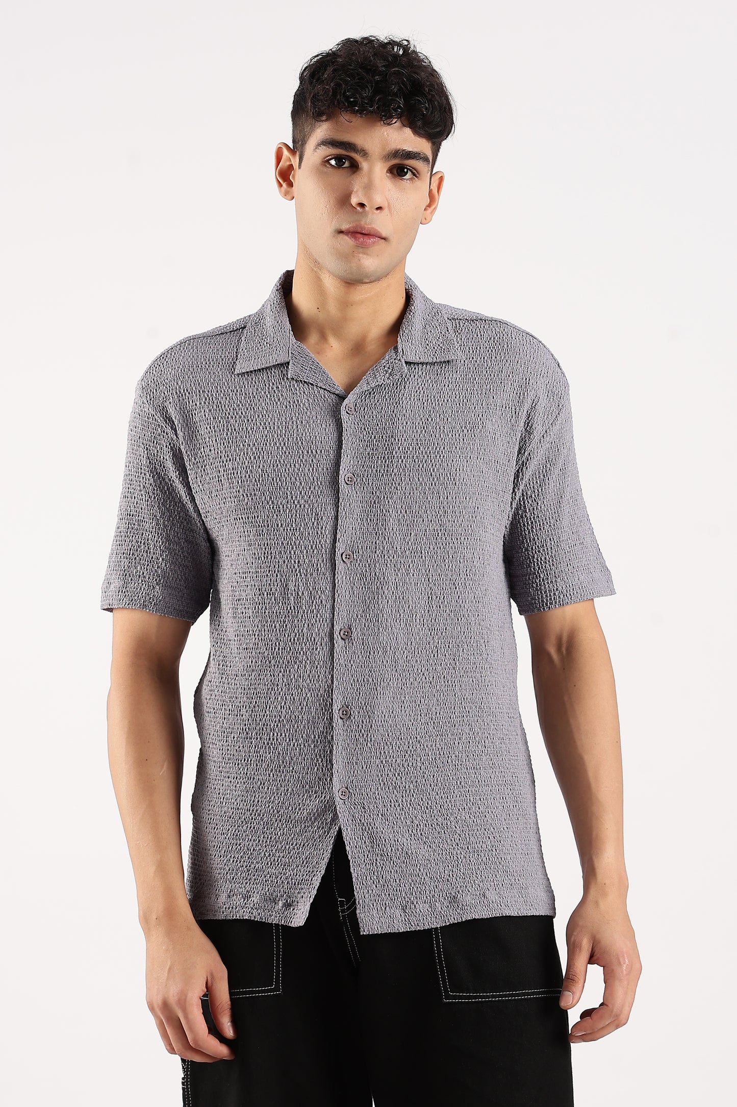 Poly Textured Oversized Shirt Grey