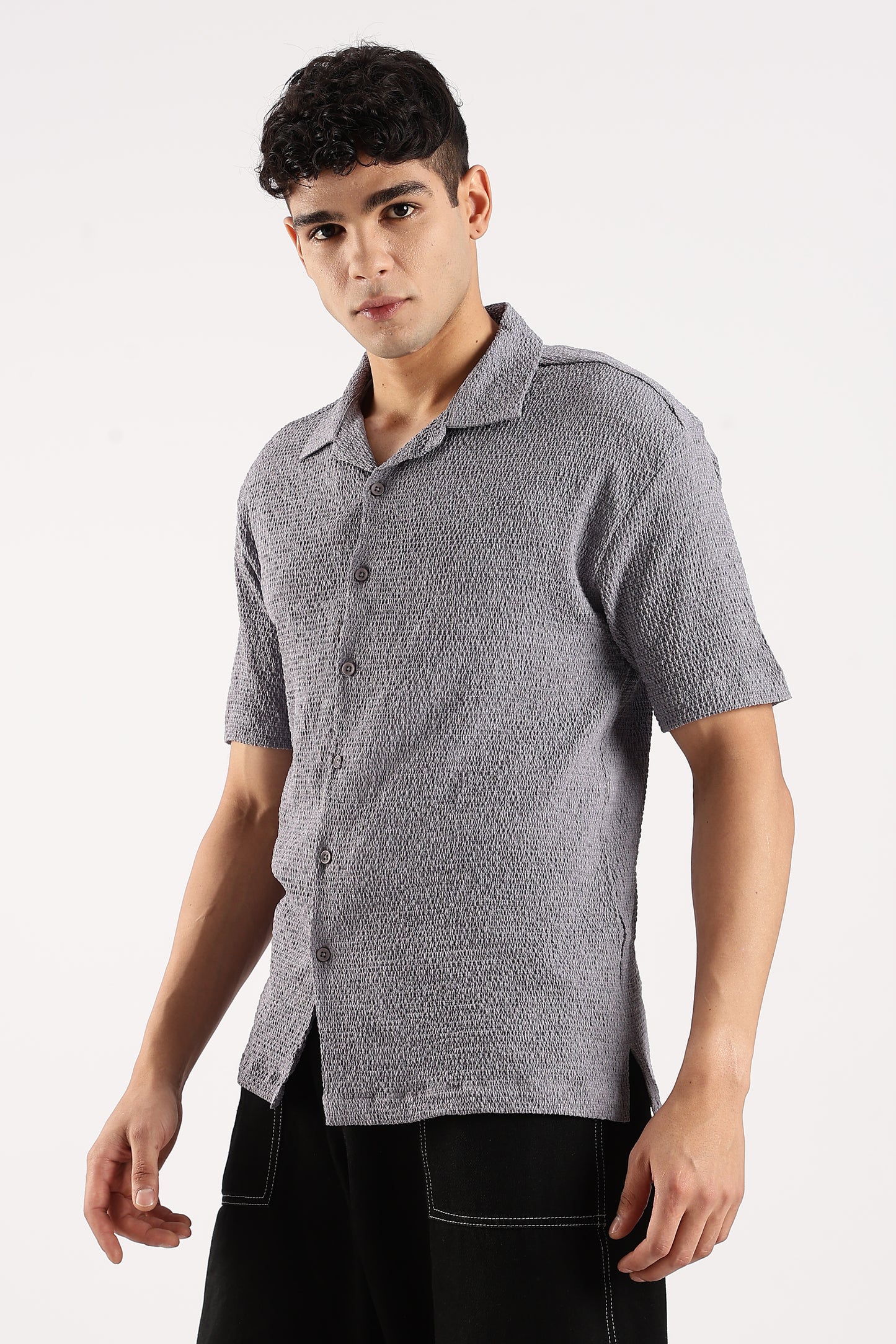 Poly Textured Oversized Shirt Grey