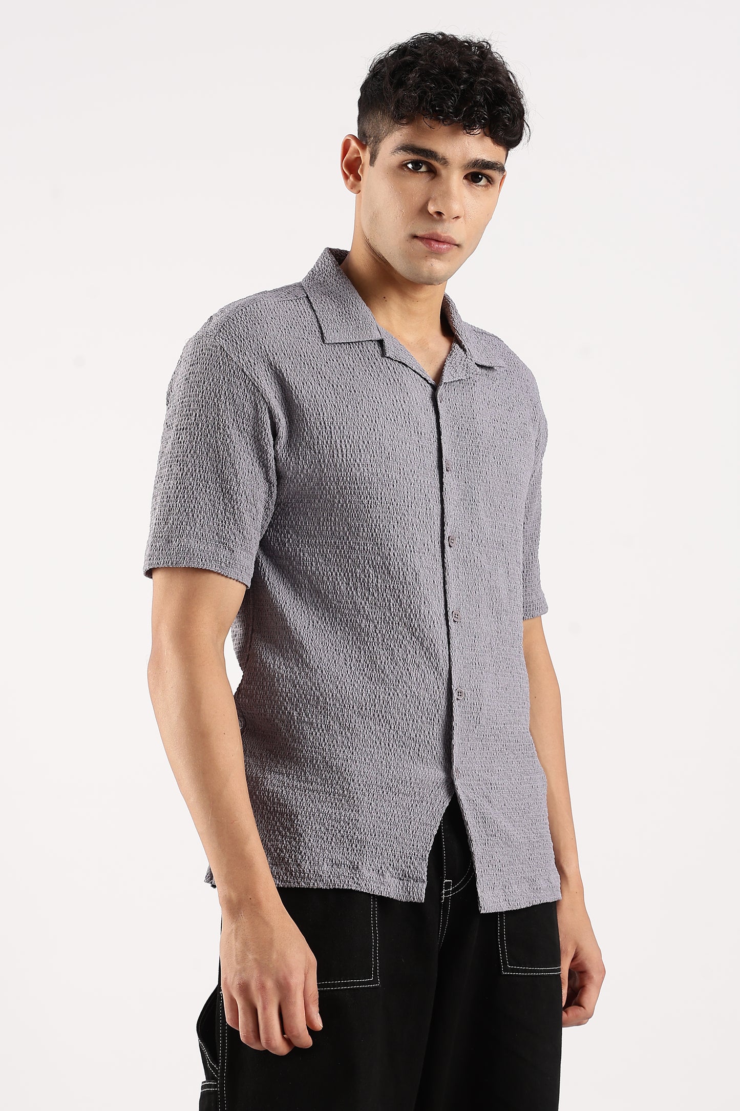 Poly Textured Oversized Shirt Grey