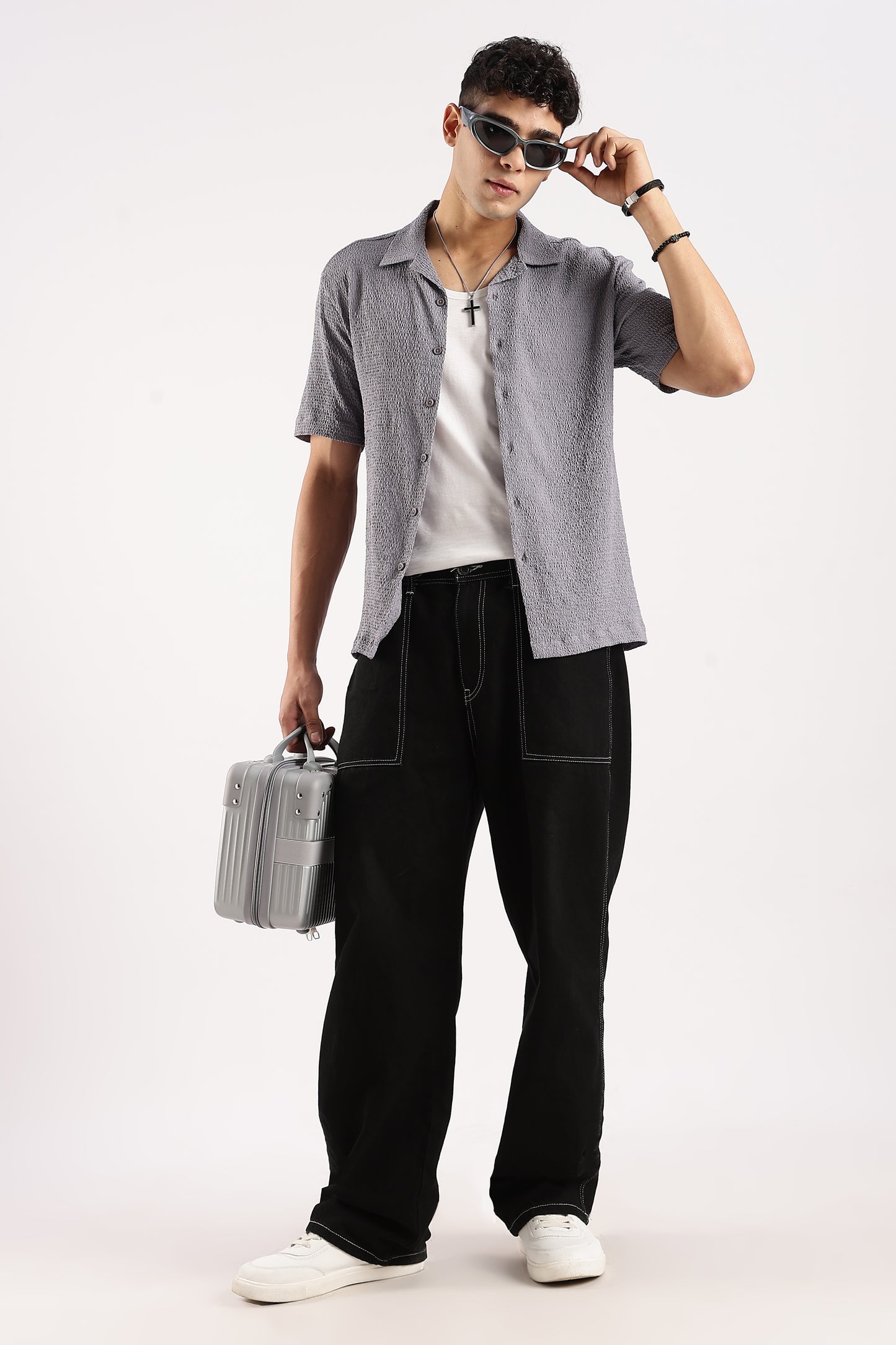 Poly Textured Oversized Shirt Grey