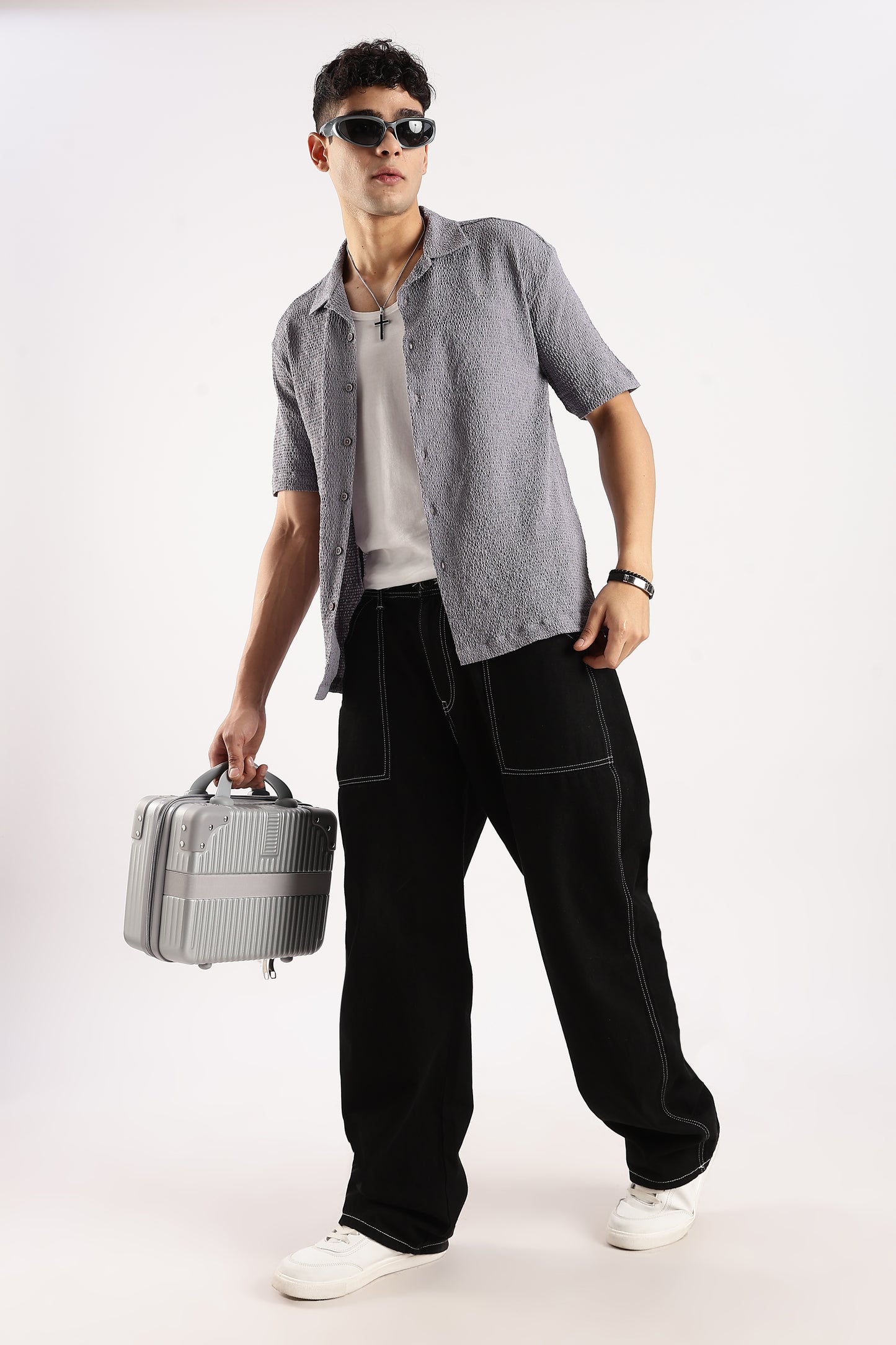 Poly Textured Oversized Shirt Grey