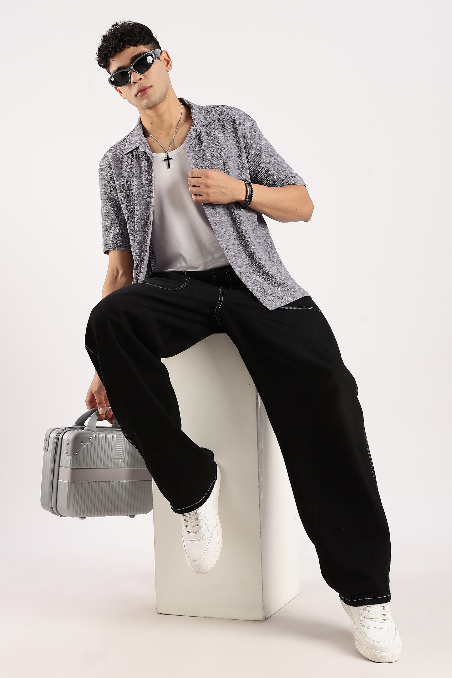 Poly Textured Oversized Shirt Grey