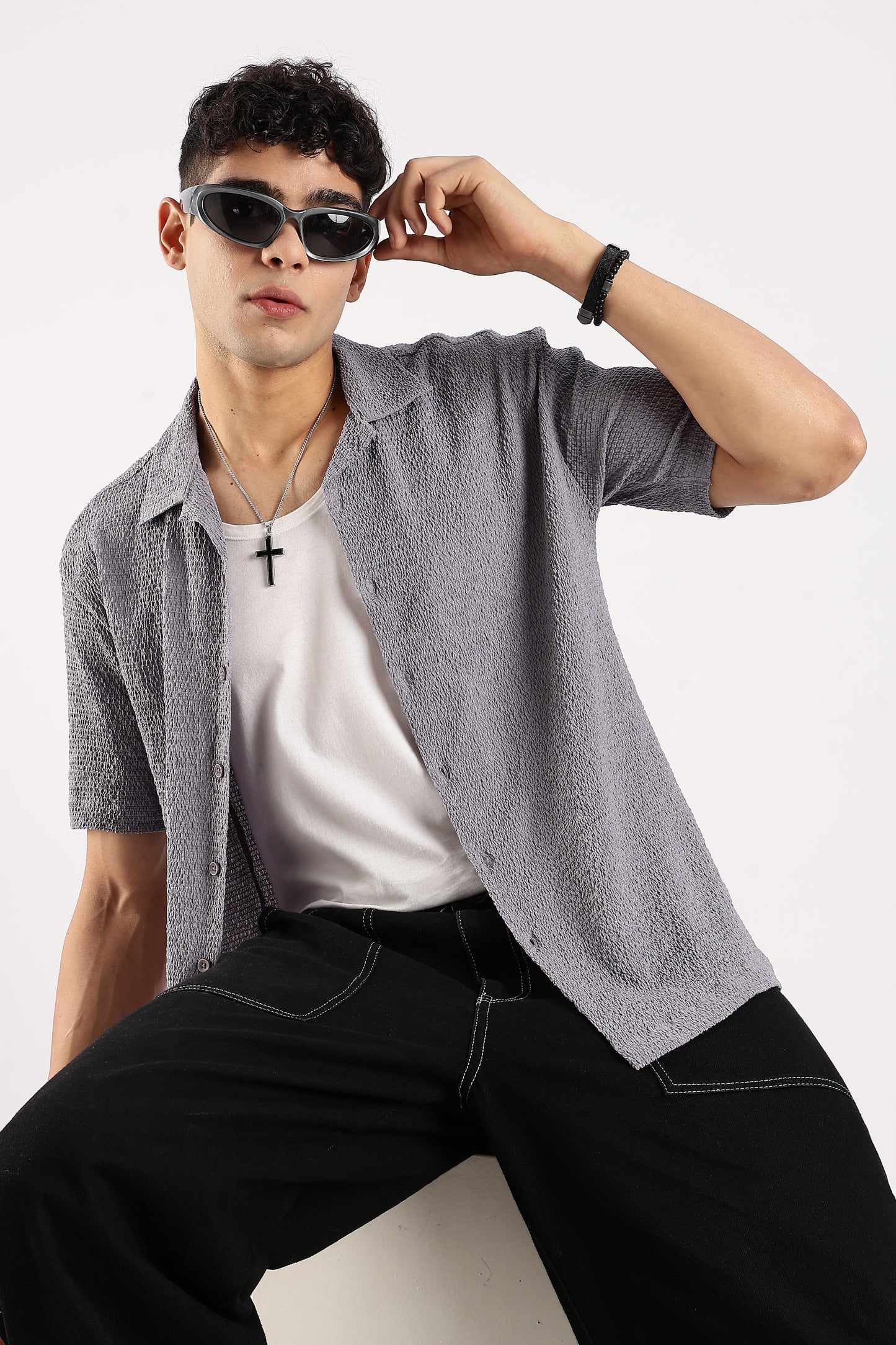 Poly Textured Oversized Shirt Grey