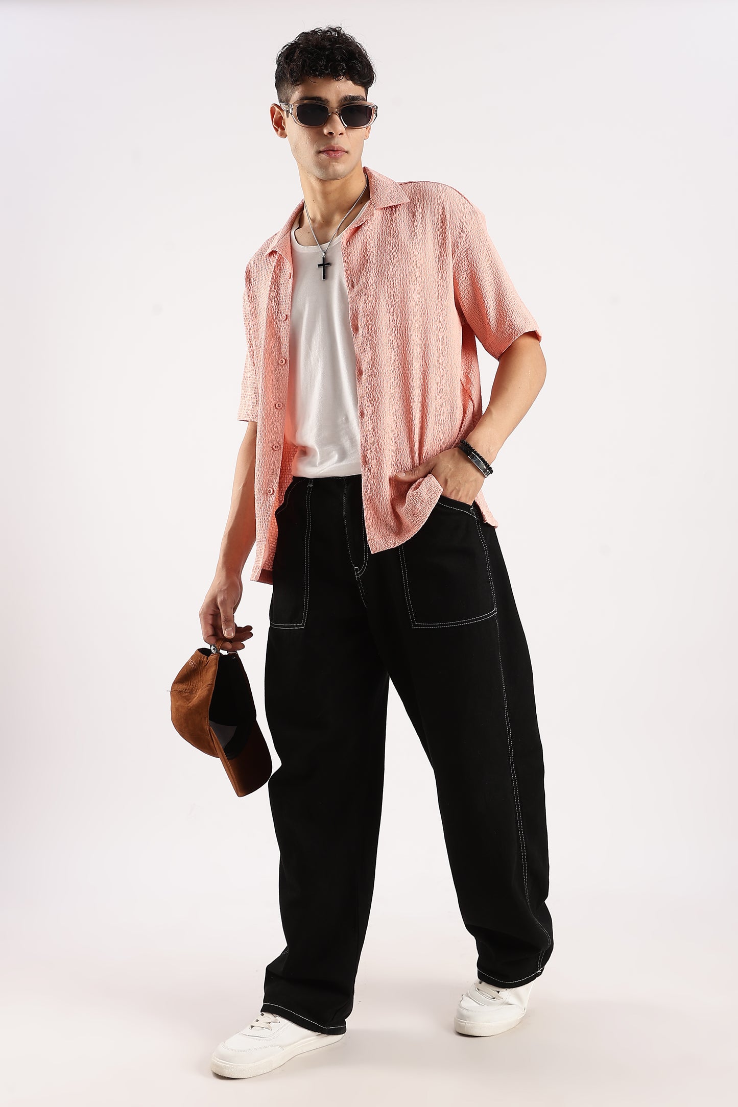 Poly Textured Oversized Shirt Peach