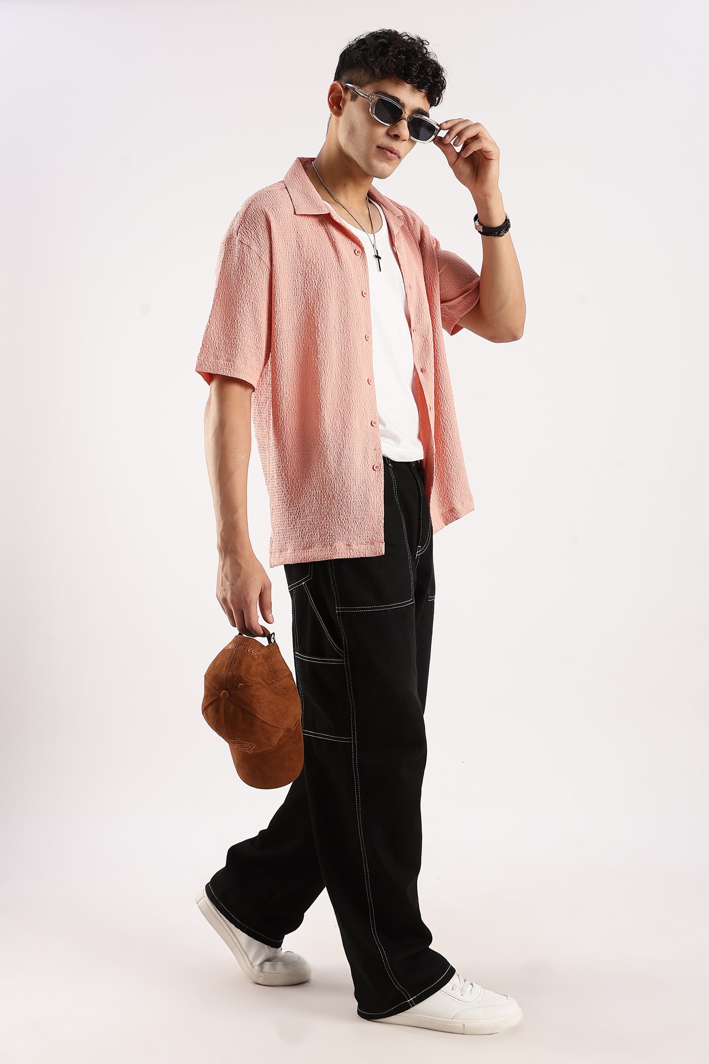 Poly Textured Oversized Shirt Peach