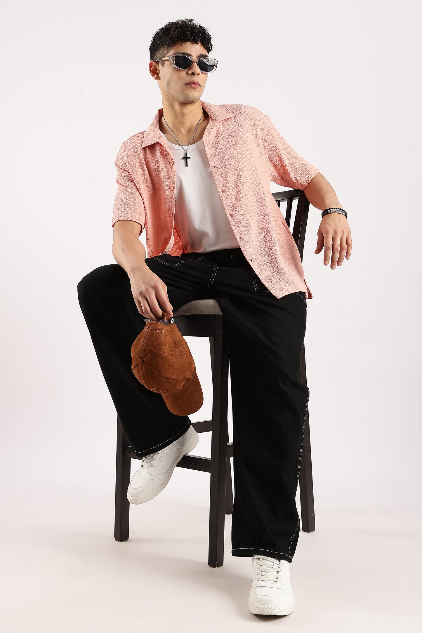 Poly Textured Oversized Shirt Peach