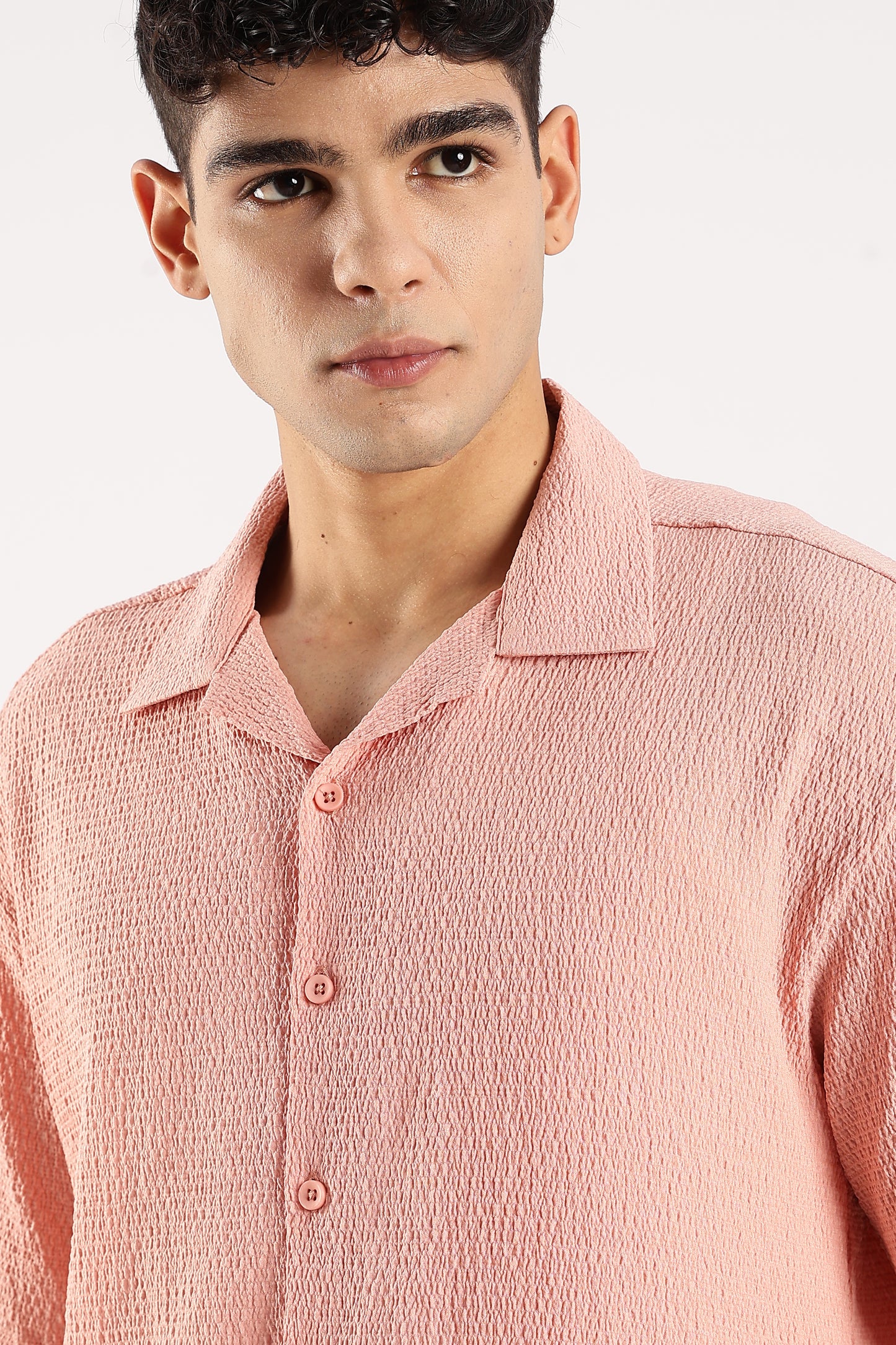 Poly Textured Oversized Shirt Peach