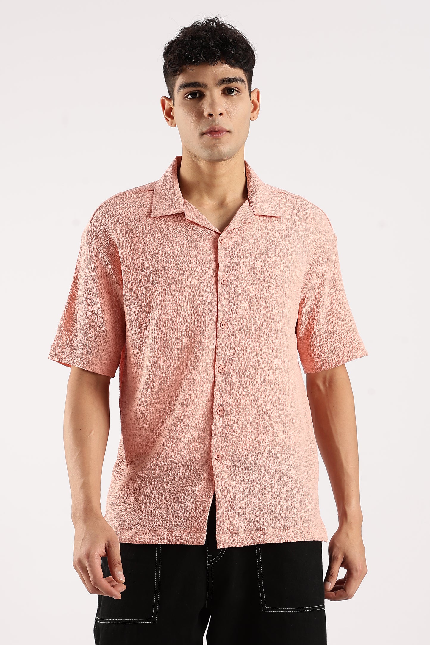 Poly Textured Oversized Shirt Peach