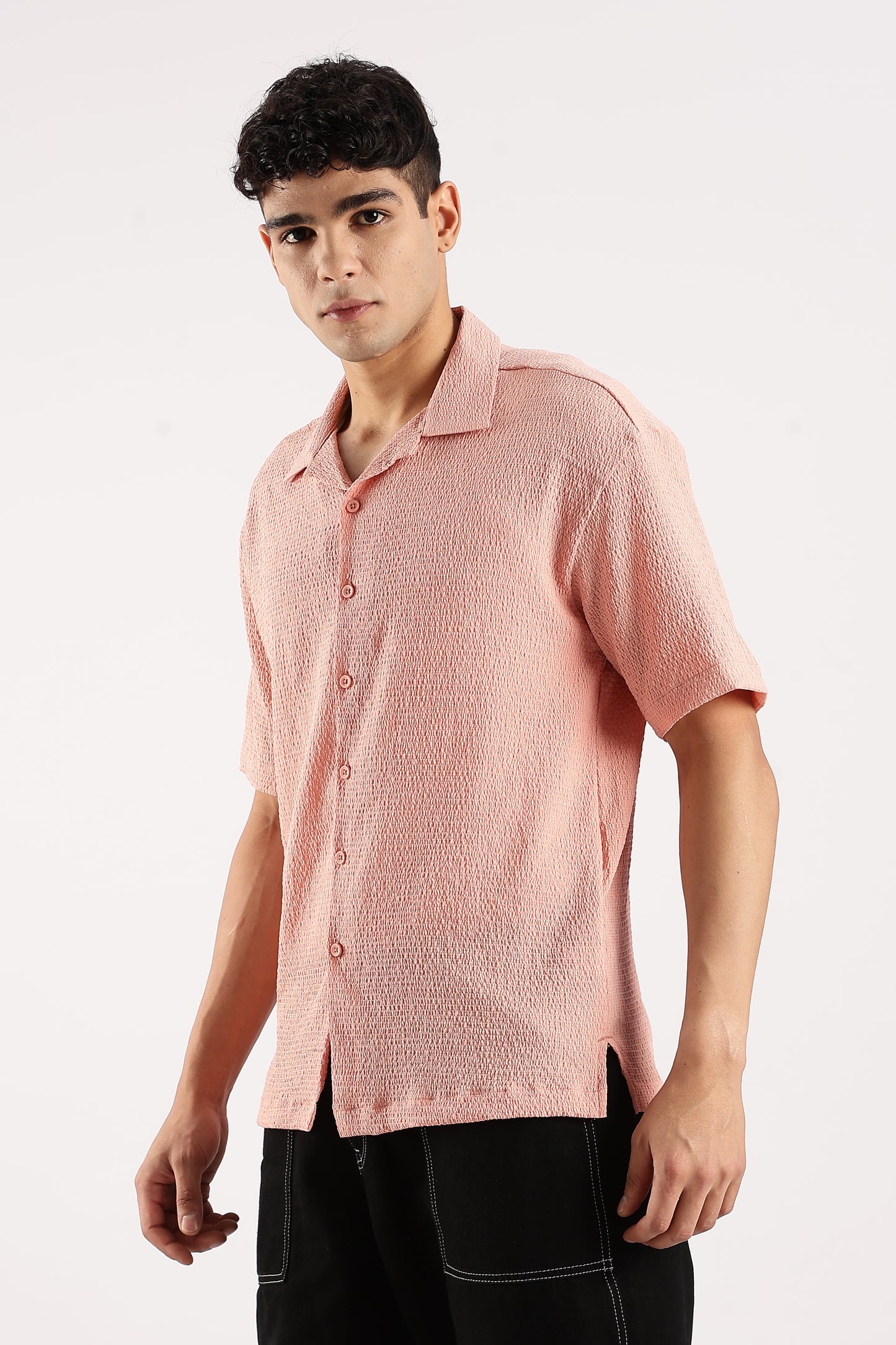 Poly Textured Oversized Shirt Peach