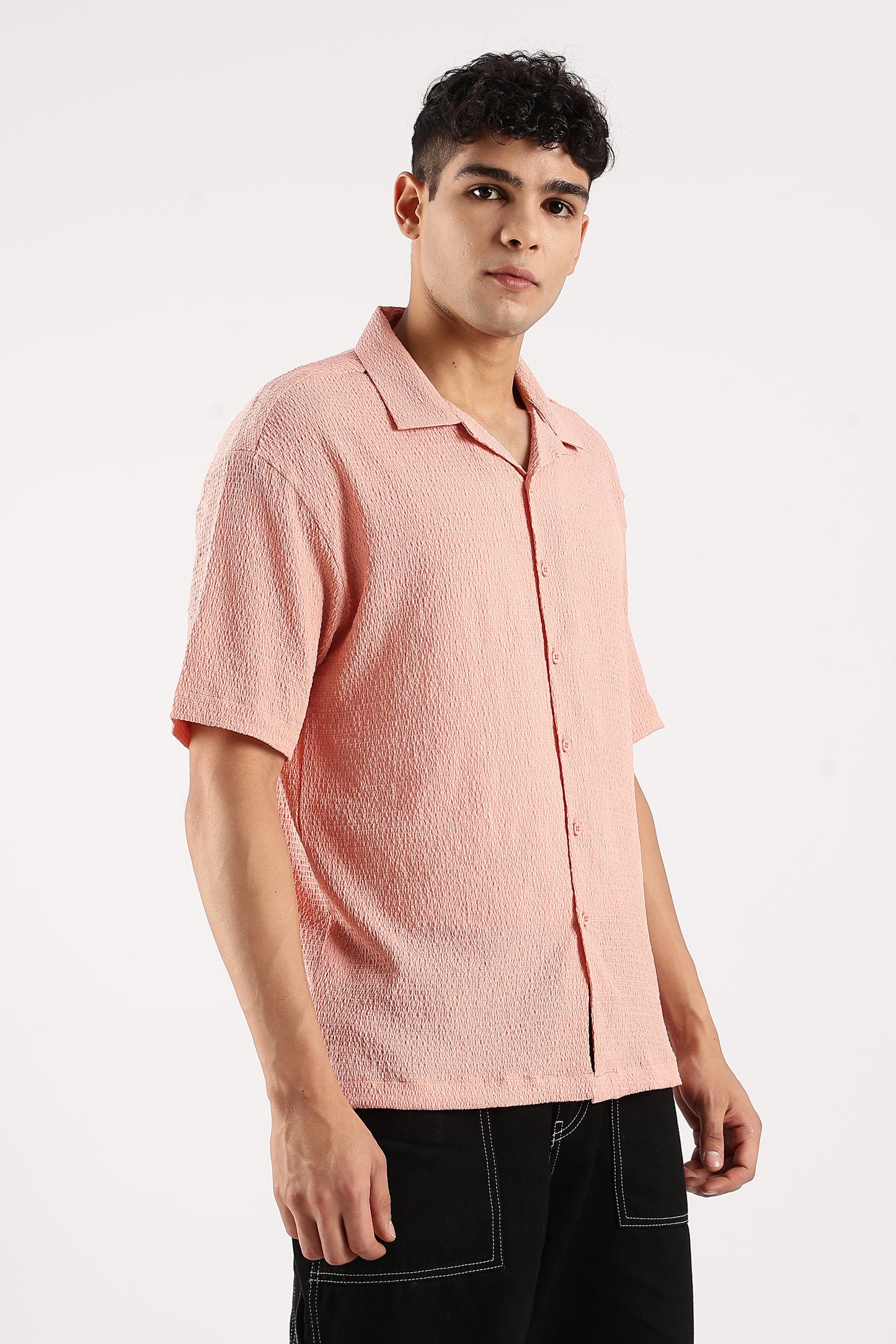 Poly Textured Oversized Shirt Peach