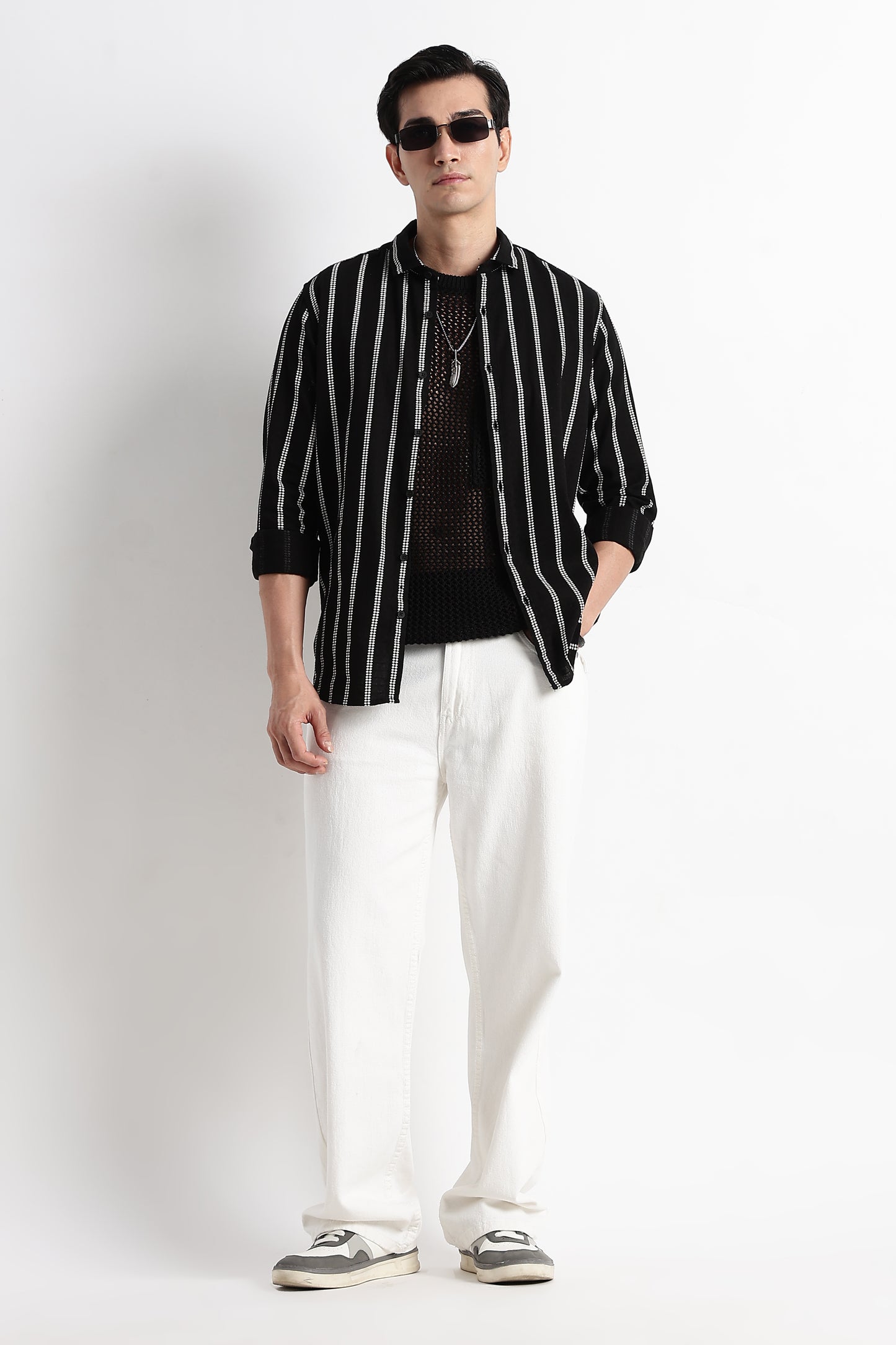 Vertical Stripe Textured Shirt Black