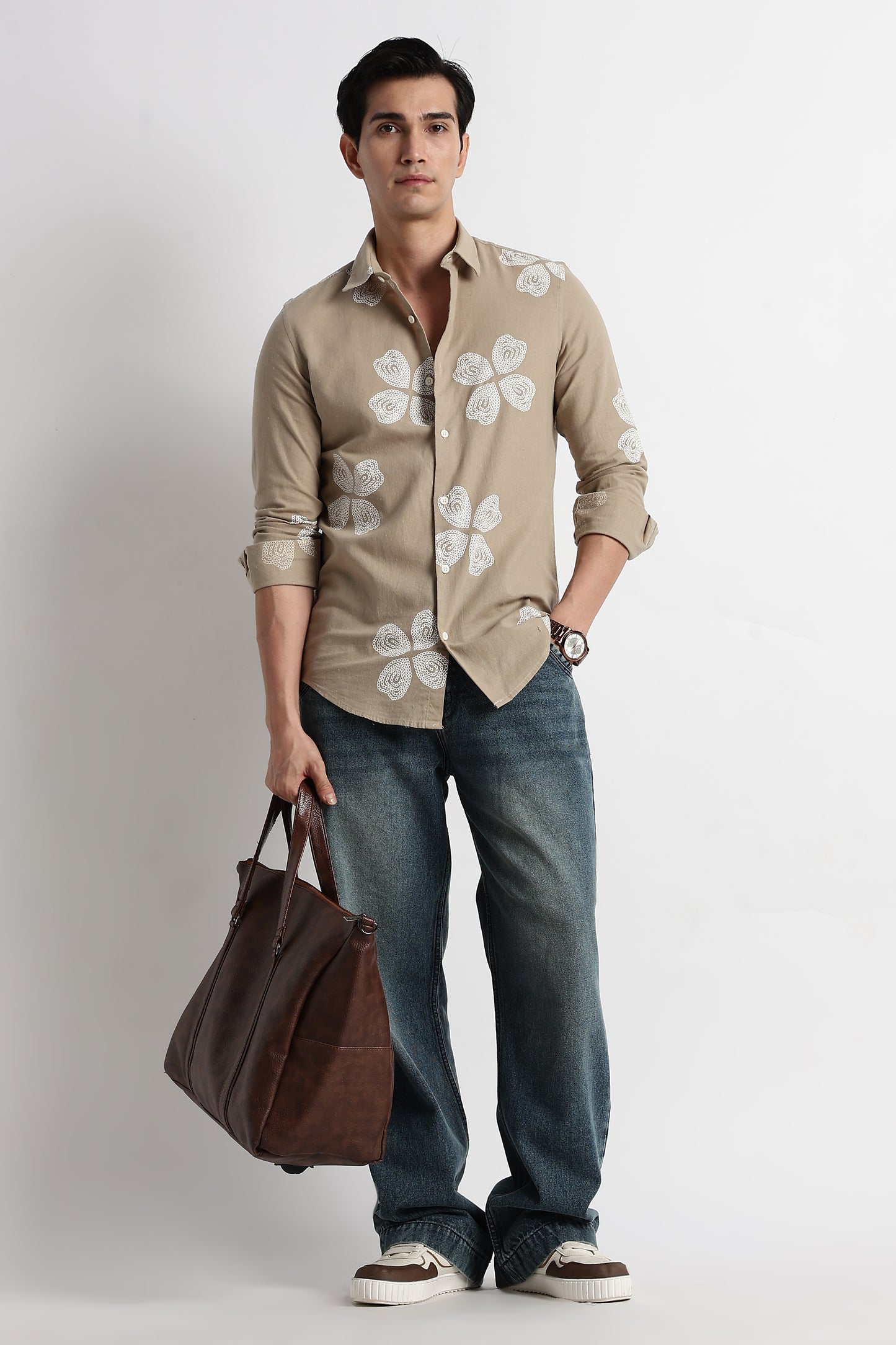 Floral Embroidered Shirt Beige
