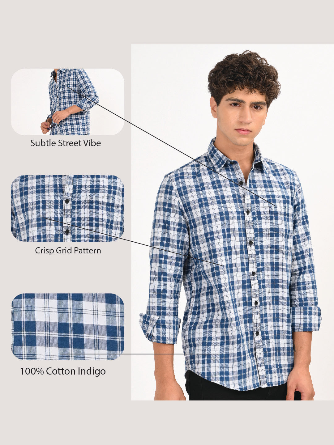 Indigo-Dyed 100% Cotton Check Shirt Lt Blue