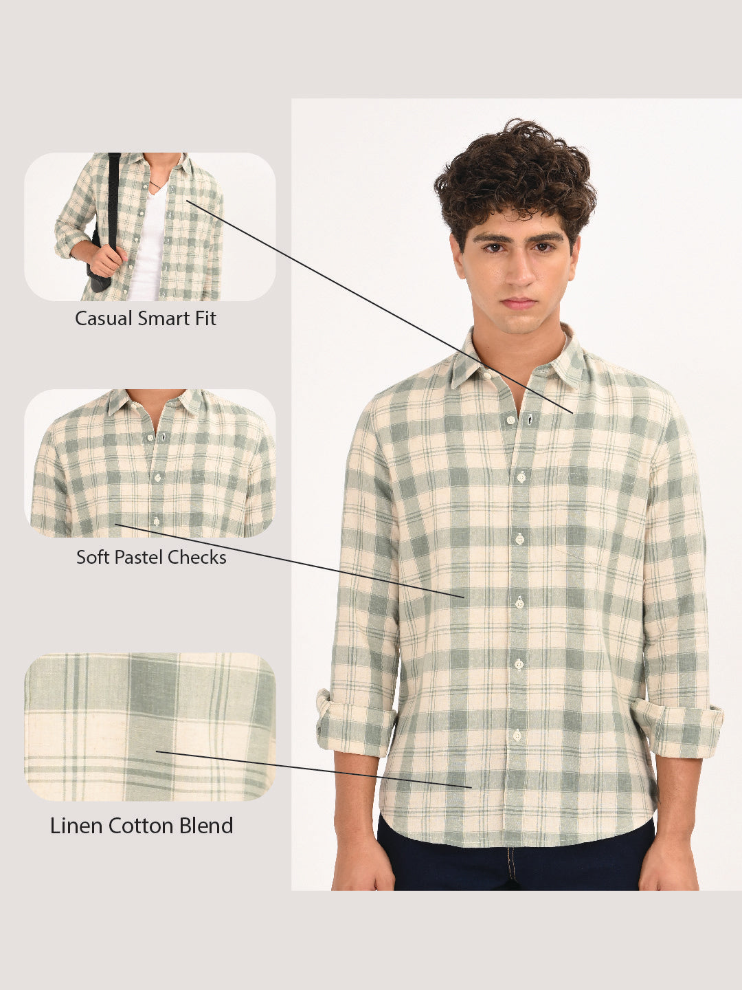 Linen-Cotton Check Shirt Green