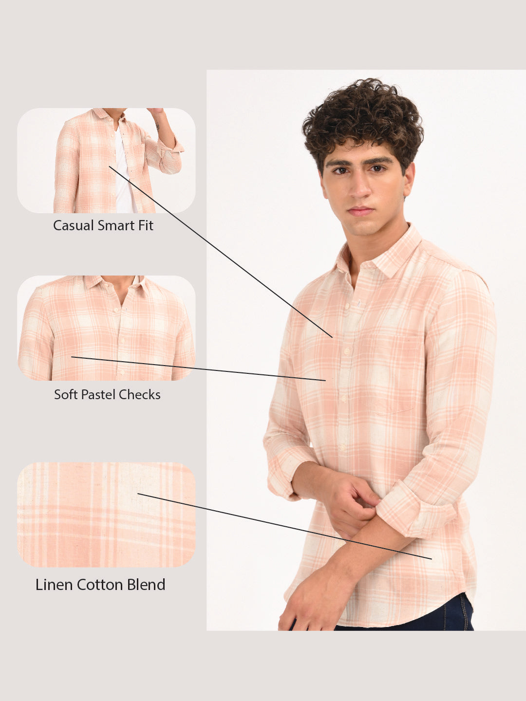 Linen-Cotton Check Shirt Peach
