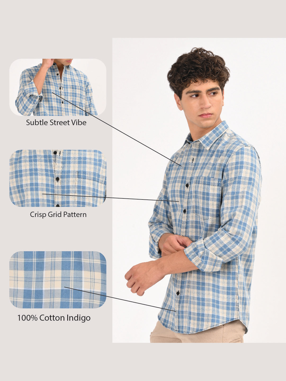 Indigo-Dyed 100% Cotton Check Shirt Beige