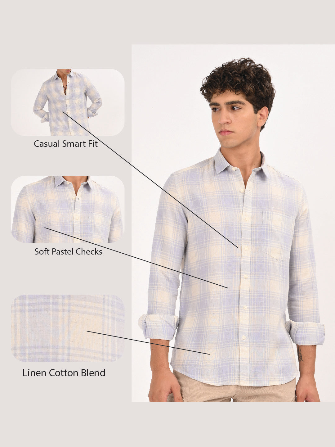 Linen-Cotton Check Shirt Blue