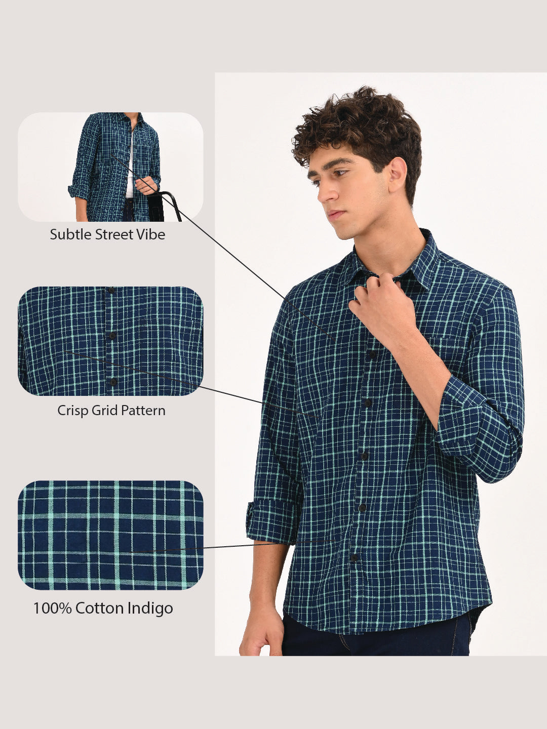 Indigo-Dyed 100% Cotton Check Shirt Green