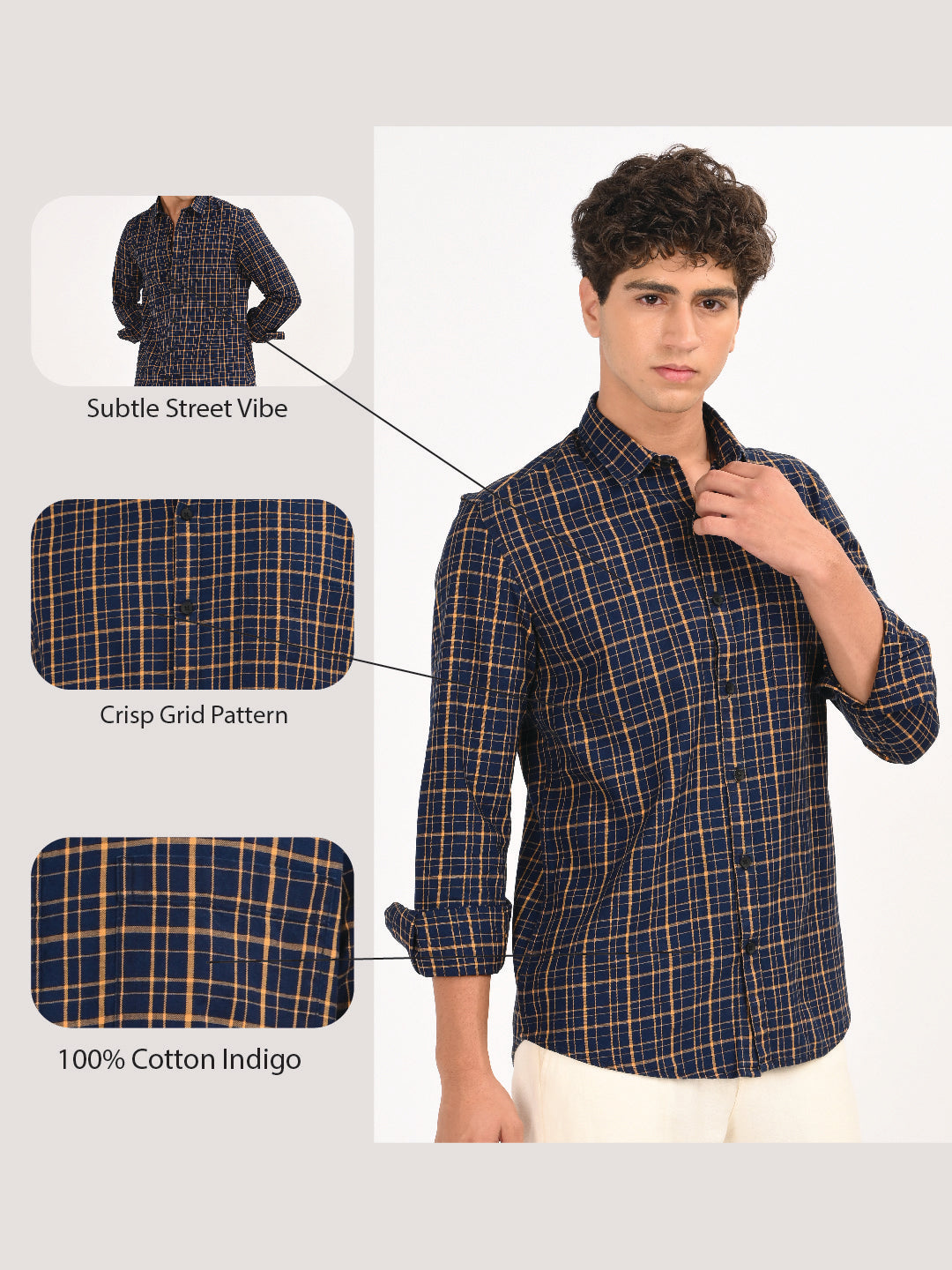 Indigo-Dyed 100% Cotton Check Shirt Navy