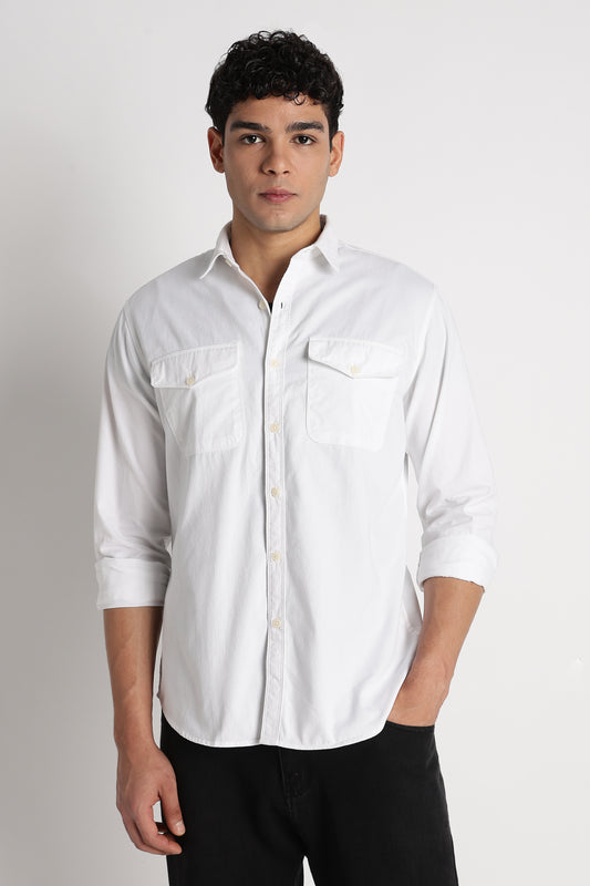 Solid Utility Casual Shirt White