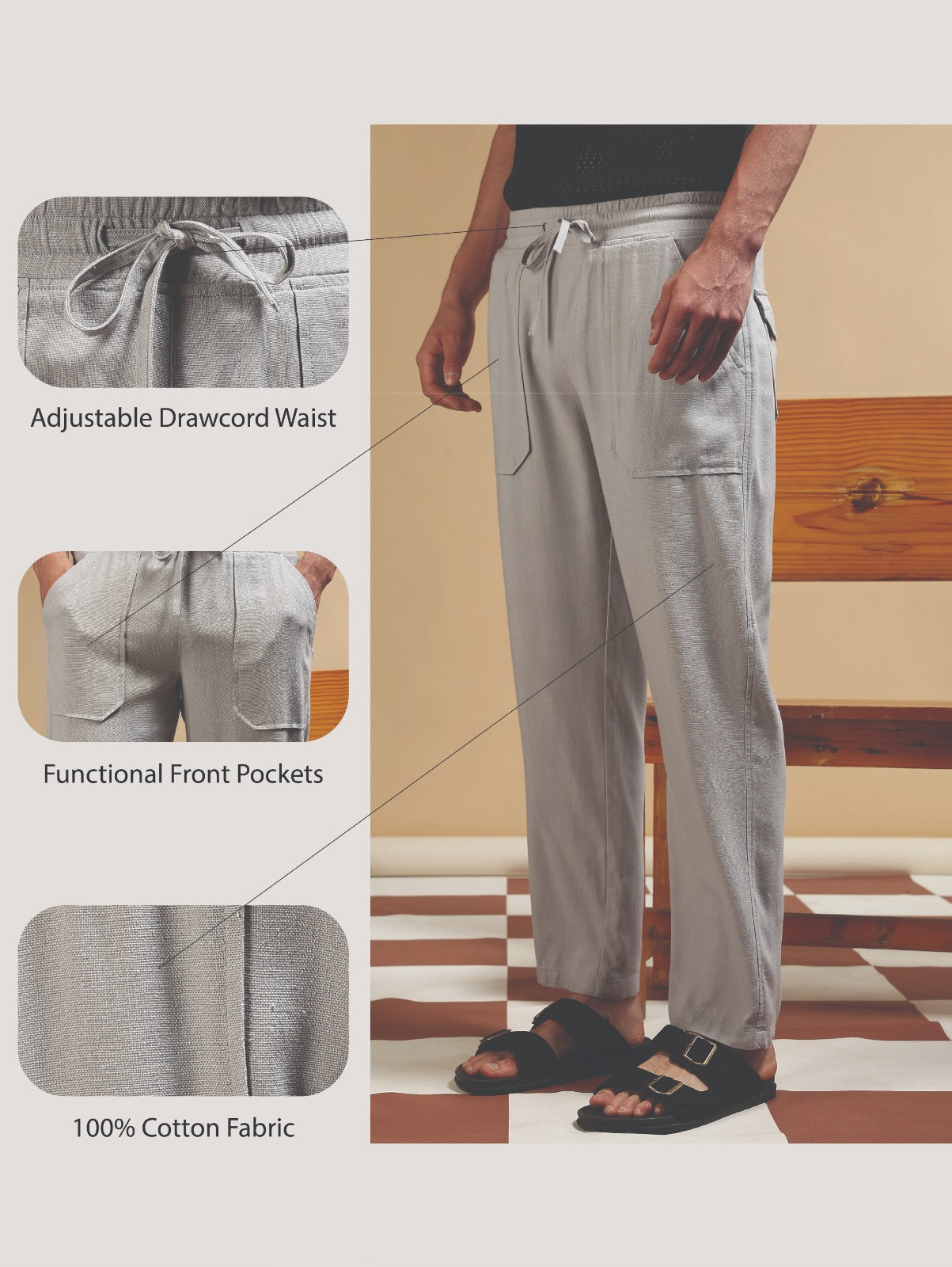 Linen Blend Loose Fit Drawcord Trousers Grey