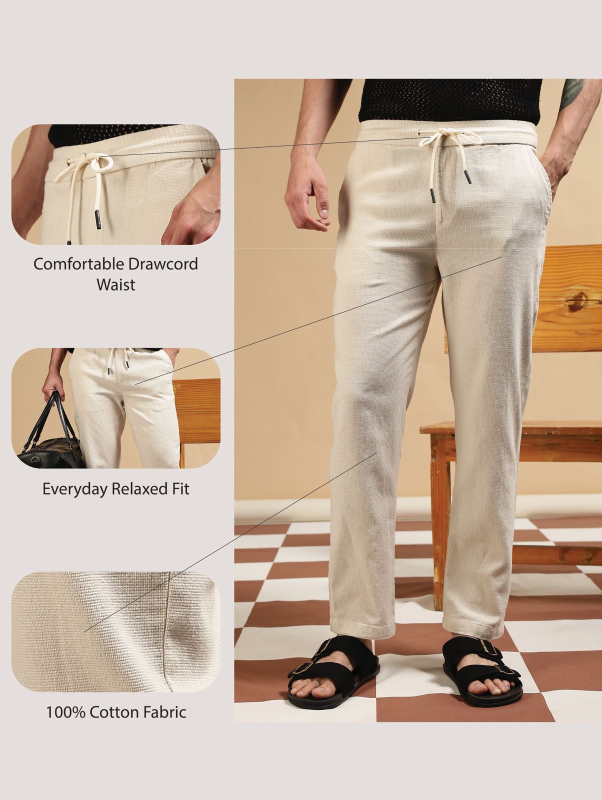 Cotton Loose Fit Drawcord Pants Cream