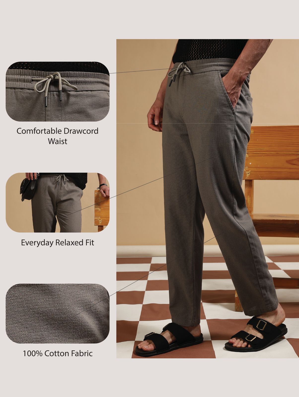 Cotton Loose Fit Drawcord Pants Grey