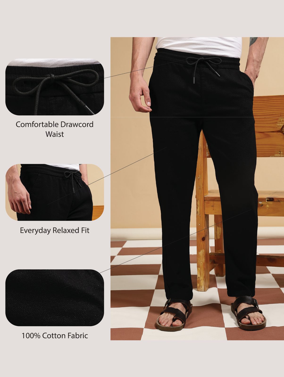Cotton Loose Fit Drawcord Pants Black