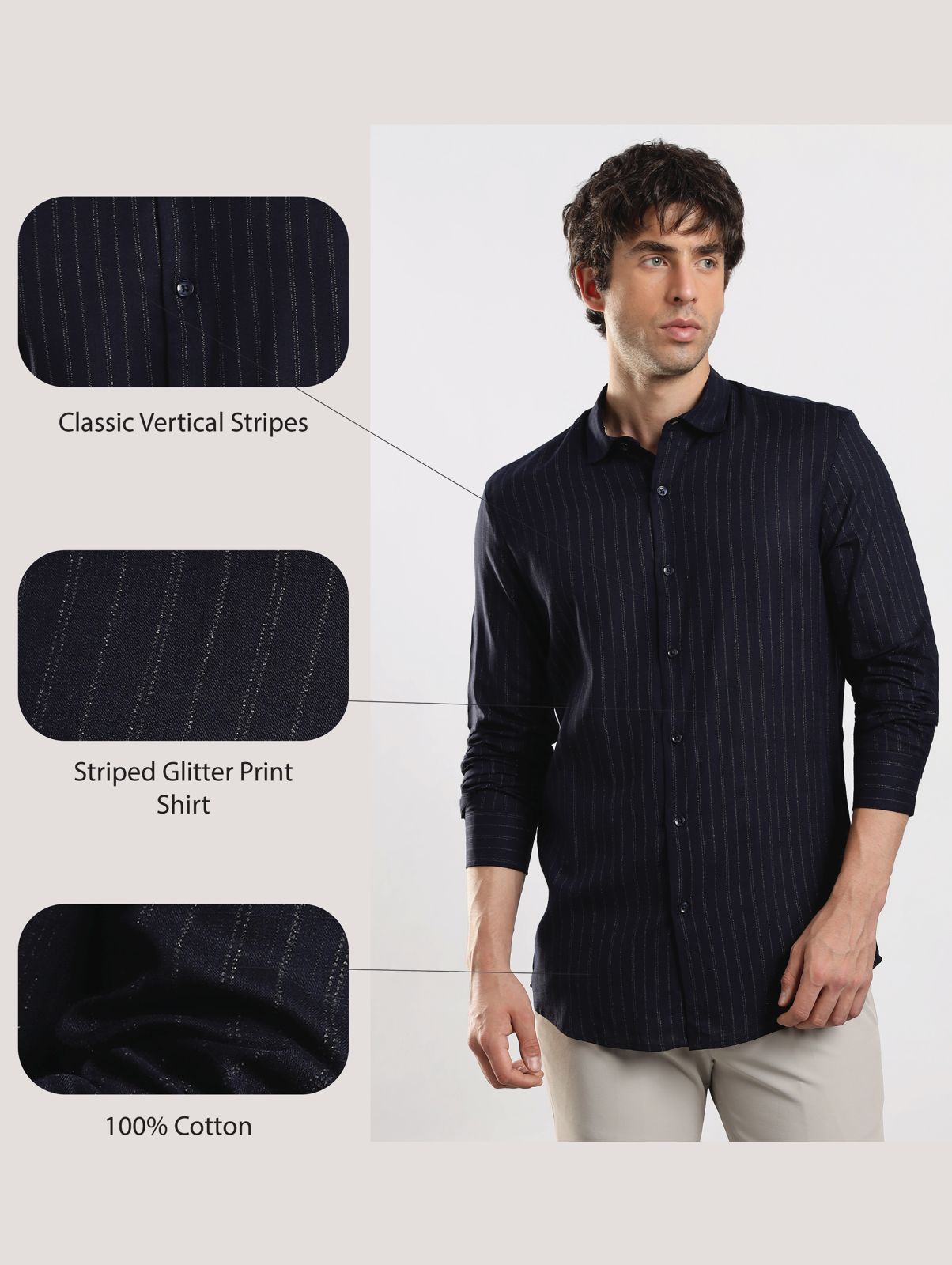Cotton Slim Fit Striped Glitter Shirt Black