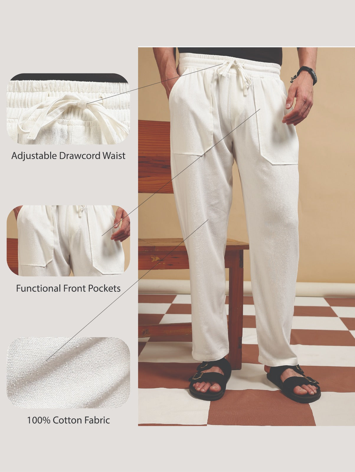 Linen Blend Loose Fit Drawcord Trousers White