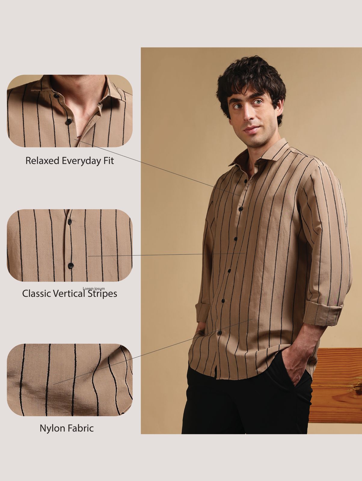 Nylon Slim Fit Striped Shirt Khaki