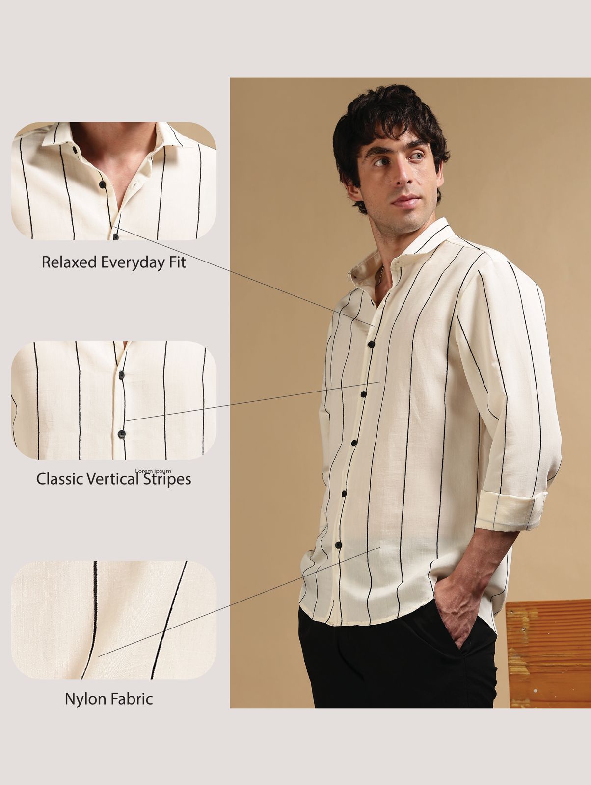 Nylon Slim Fit Striped Shirt Cream