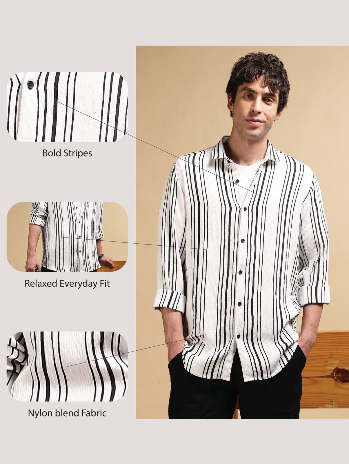 White & Black Slim Fit Striped Shirt White