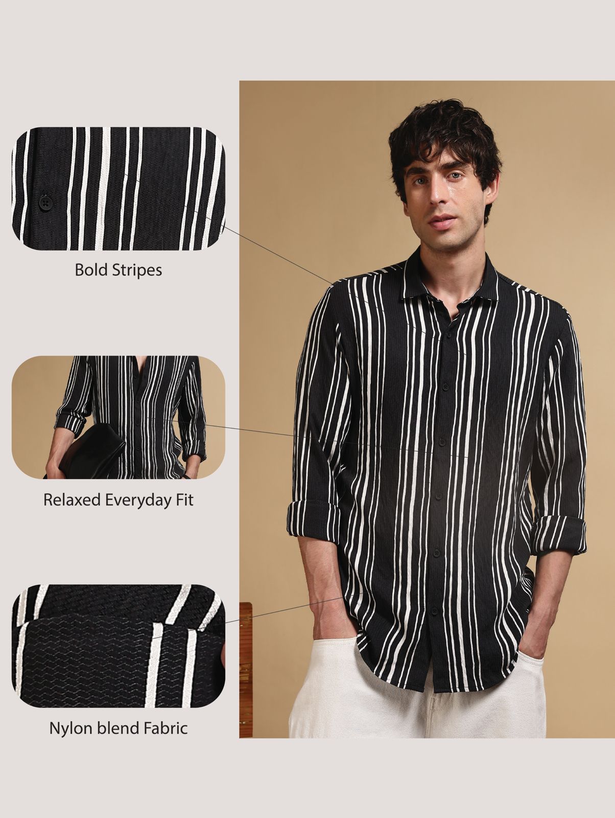 White & Black Slim Fit Striped Shirt Black