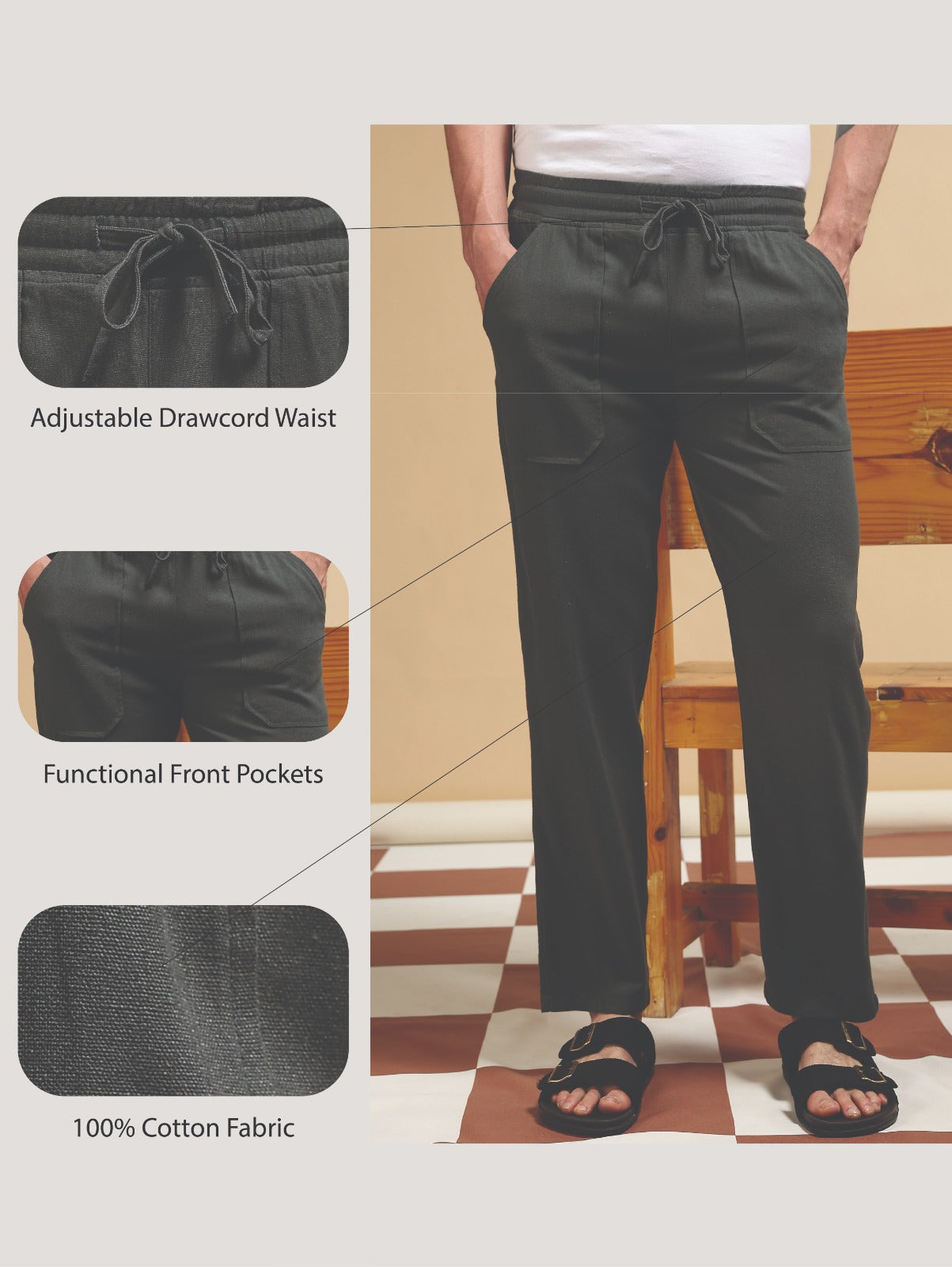 Linen Blend Loose Fit Drawcord Trousers Green